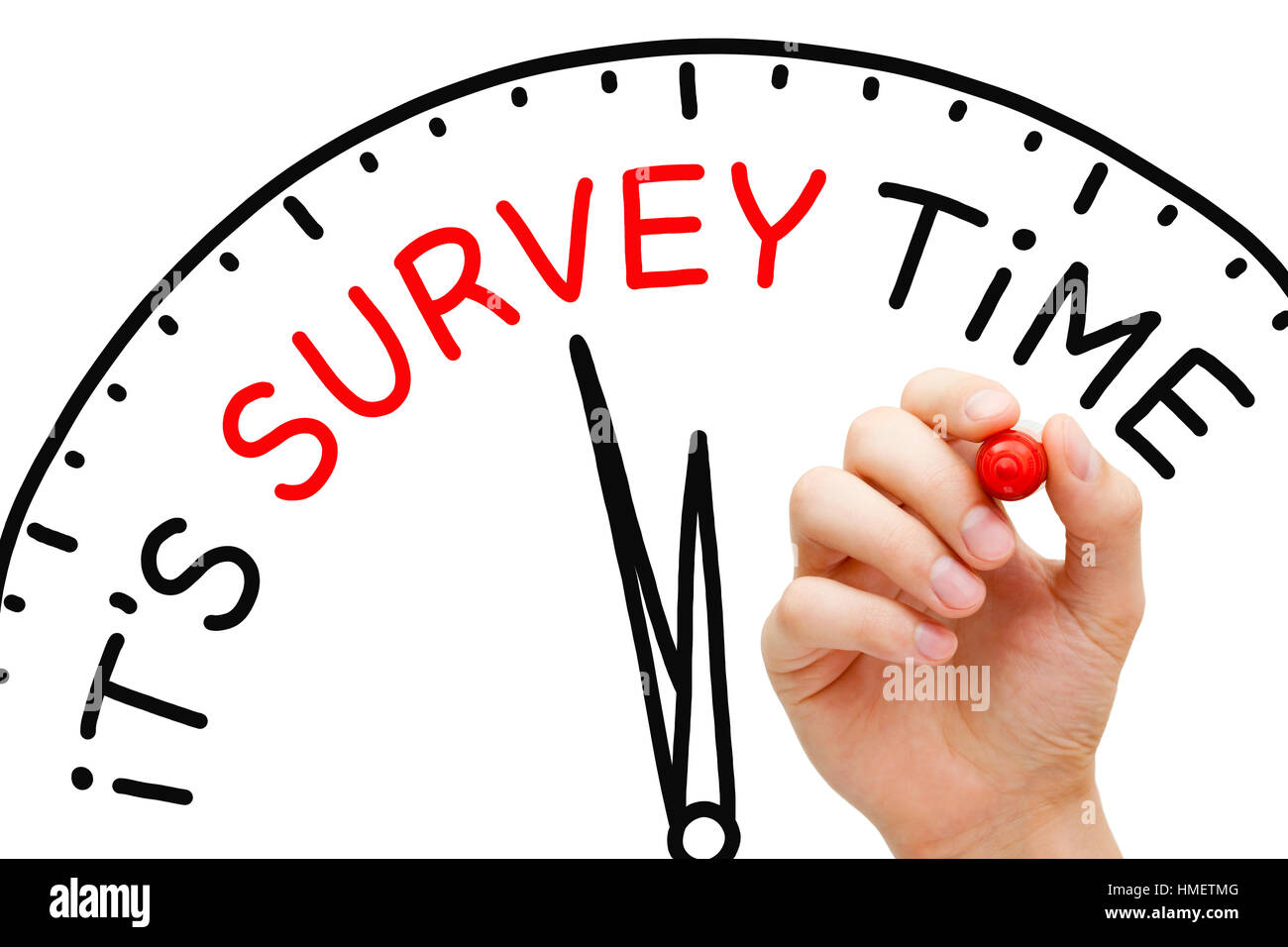 C'est écrit à la main sur le temps de l'enquête appelée horloge avec feutre sur du verre transparent de sélection. Banque D'Images