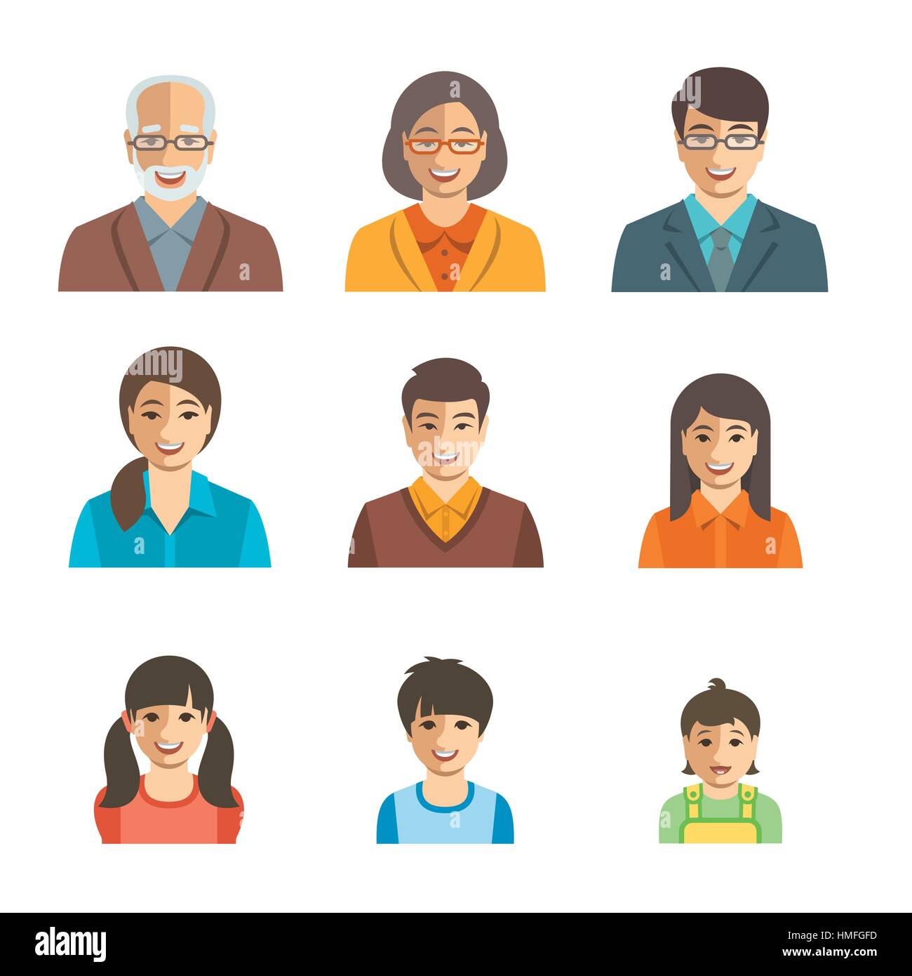 La famille asiatique visages heureux. Télévision vecteur des avatars. Les gens simples de génération d'icônes. La mère, le père et les adultes, adolescents et enfants. Japonais, Chinois elevated view Illustration de Vecteur