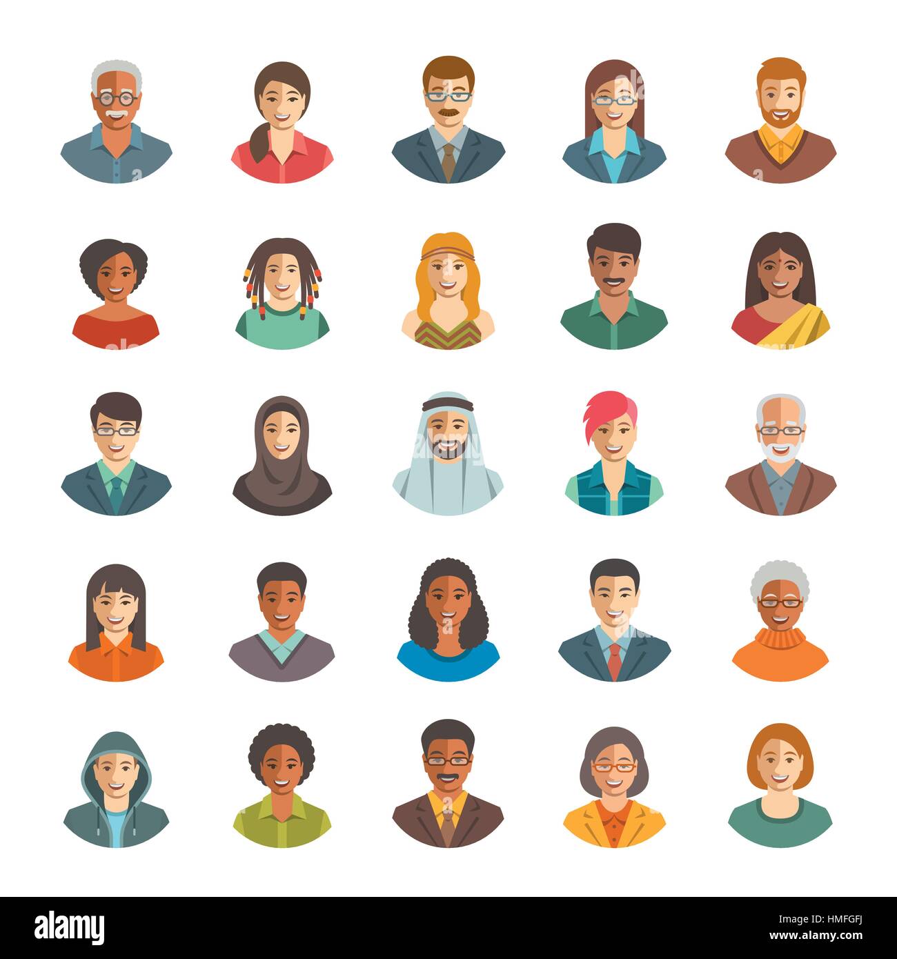 Les visages des gens vector icons avatars. Télévision couleur portraits de professionnels Hommes et femmes, jeunes et senior. Portrait, Africains, Asiatiques, Arabes de l'appartenance ethnique. Character Illustration de Vecteur