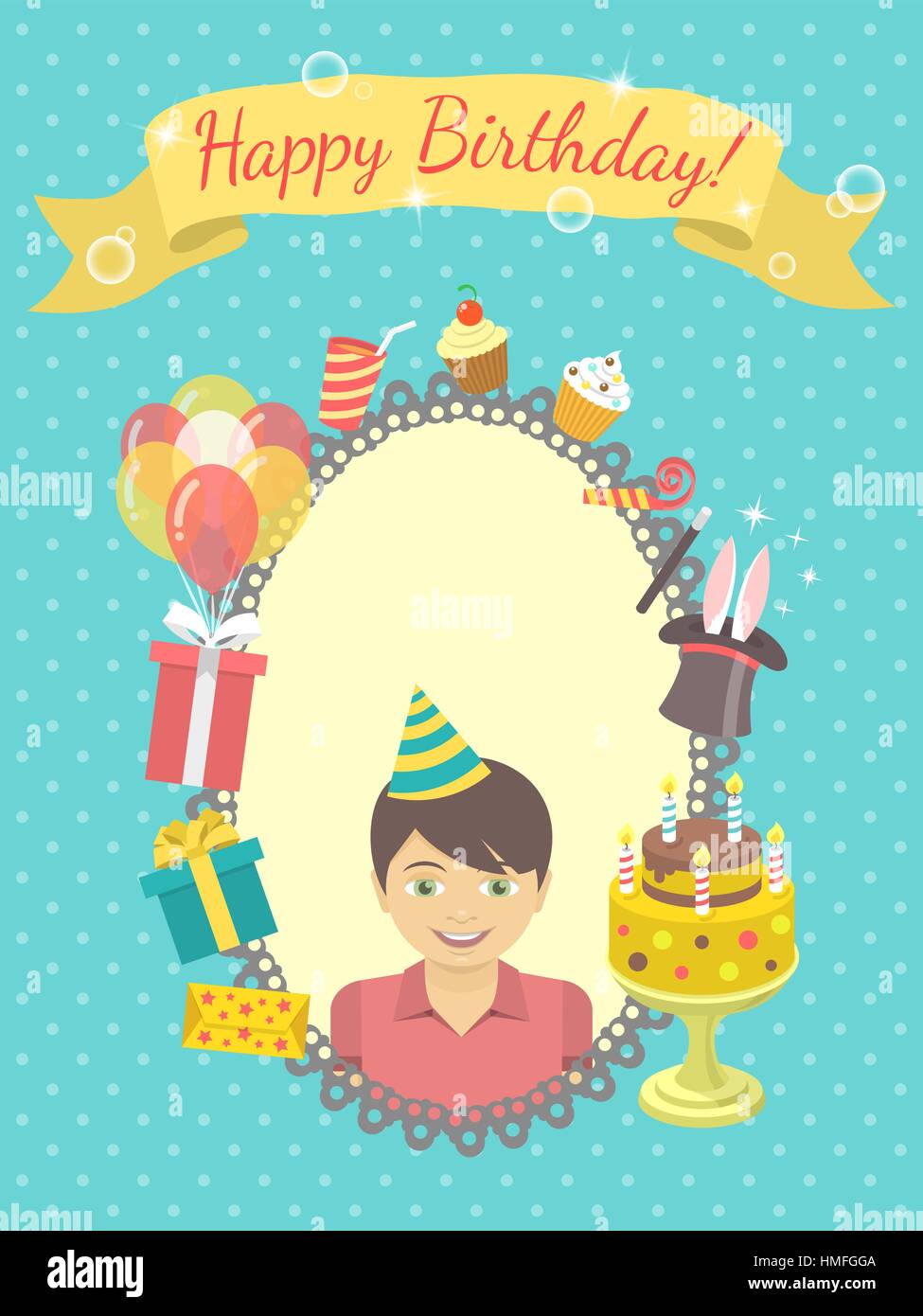 Carte D Anniversaire Television Moderne Avec Happy Boy Cadeaux Ballons Gateau D Anniversaire Avec Des Bougies Le Ruban Avec L Inscription Et L Espace Vierge Pour Le Texte Invitation Fo Image Vectorielle Stock Alamy