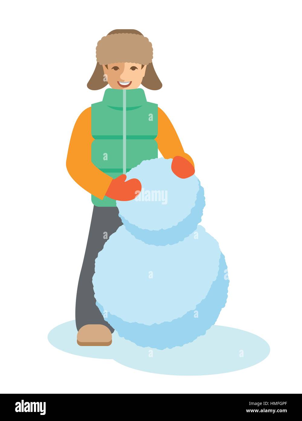 Boy making snowman télévision vector illustration. Activités d'hiver pour les enfants. Dans l'enfant des vêtements chauds jouer jeu de plein air sur les vacances de Noël. Cartoon permanent c Illustration de Vecteur