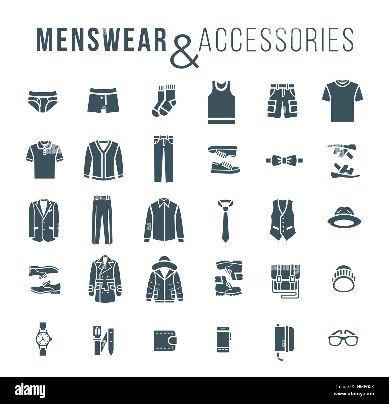 Vêtements et accessoires de mode hommes télévision contours vector icons. Les objets de l'homme silhouettes outfit vêtements, sous-vêtements, chaussures et chaque jour essentials Illustration de Vecteur