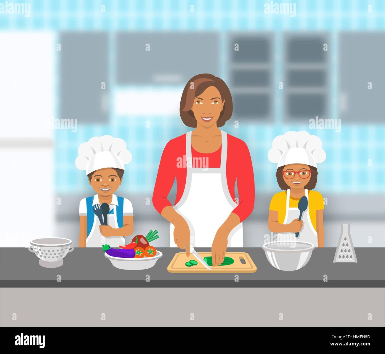 Mère et enfants dans la cuisine, d'une cuisine. Maman coupe légumes pour salade, heureux petit garçon et fille l'aider. La famille afro-américaine Illustration de Vecteur