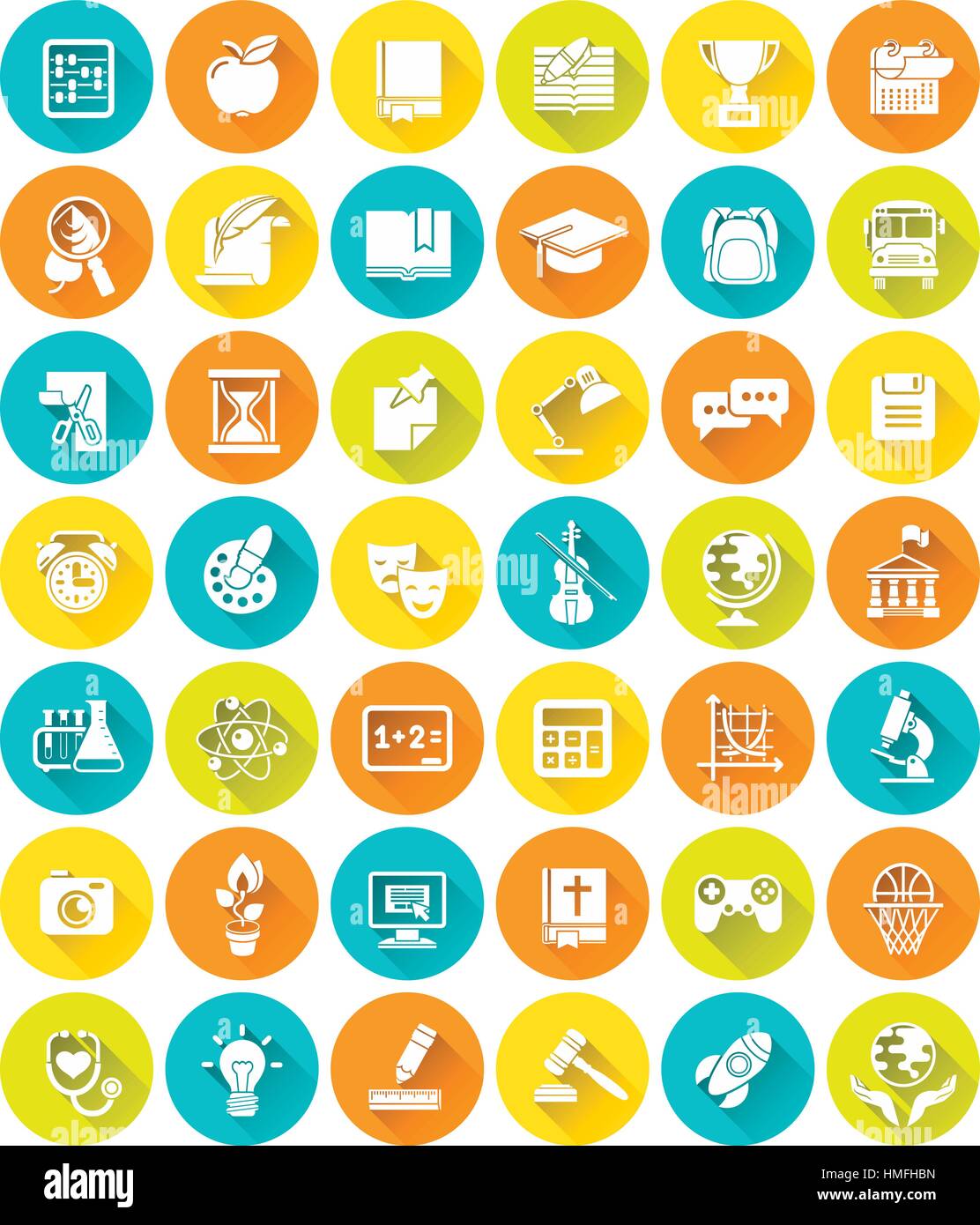 Série de télévision moderne silhouette vecteur blanc icônes de matières scolaires, des activités, de l'éducation et de la science des symboles dans les cercles colorés avec de longues ombres Illustration de Vecteur