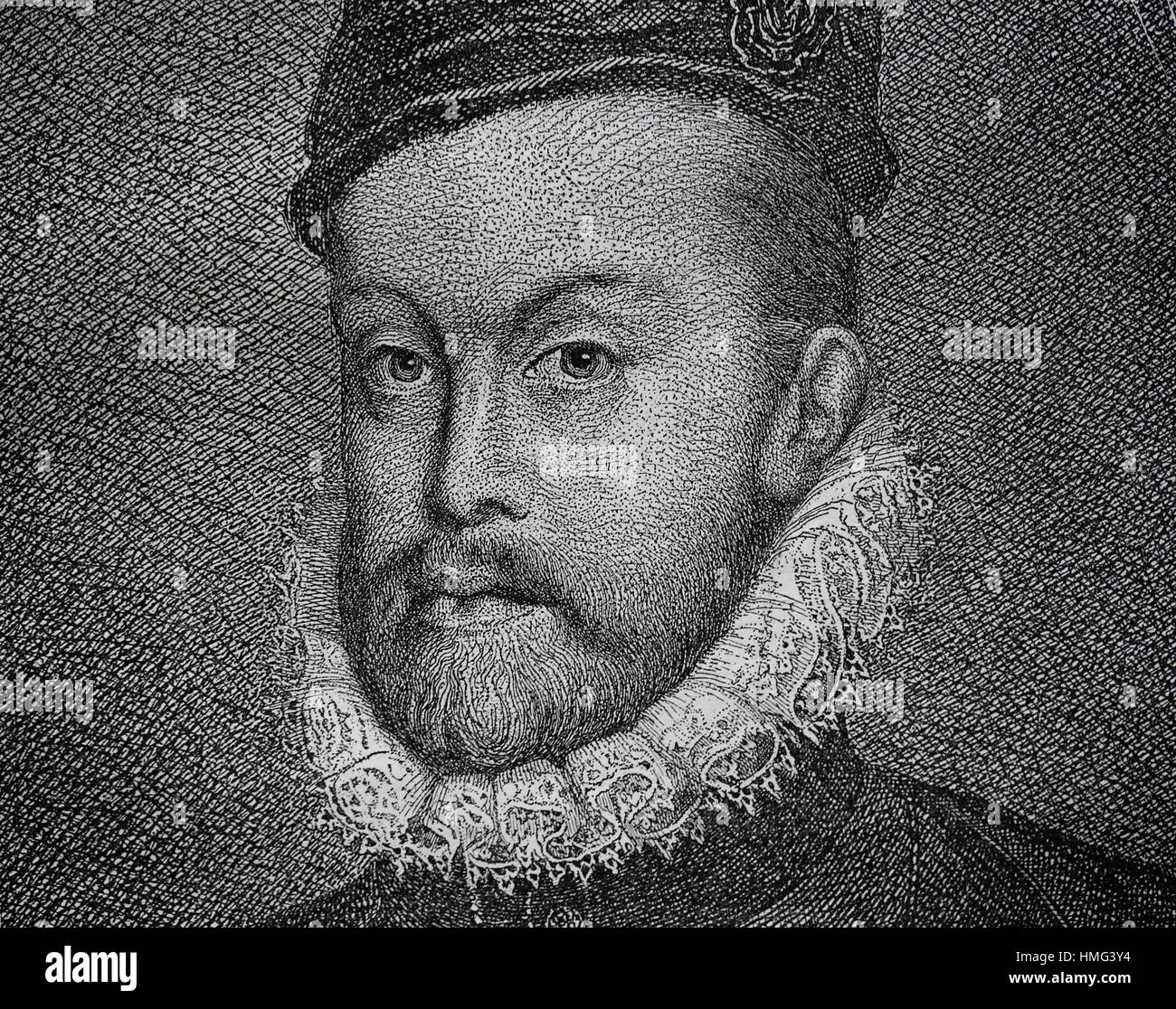 Philippe II d'Espagne (1527-1598). Portrait. La gravure. 19e siècle. Maison de Habsbourg. Banque D'Images