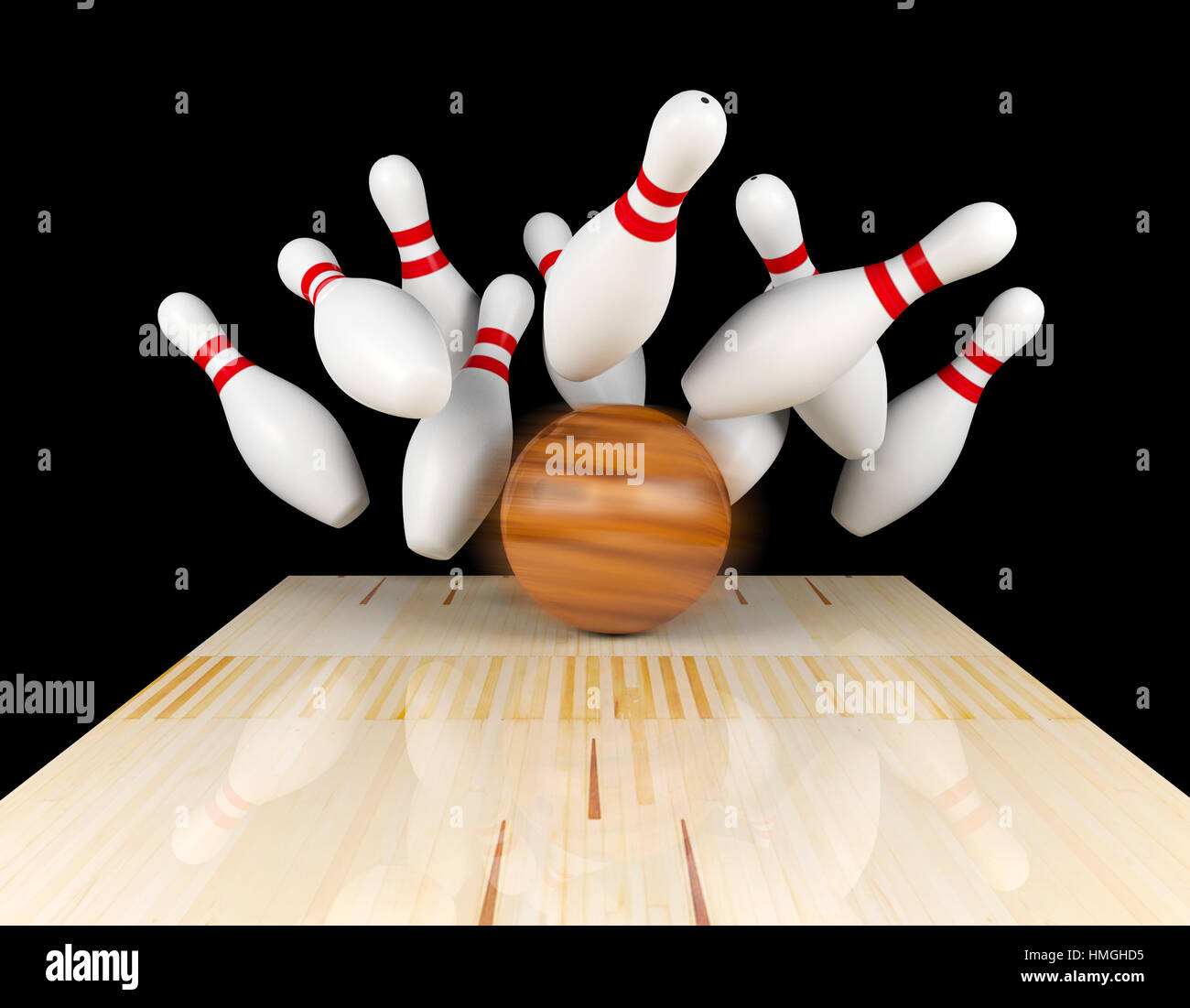 Bowling strike, dispersés et de bowling bowling ball sur piste de bowling  avec effet de flou au bowling ball, 3D Rendering Photo Stock - Alamy