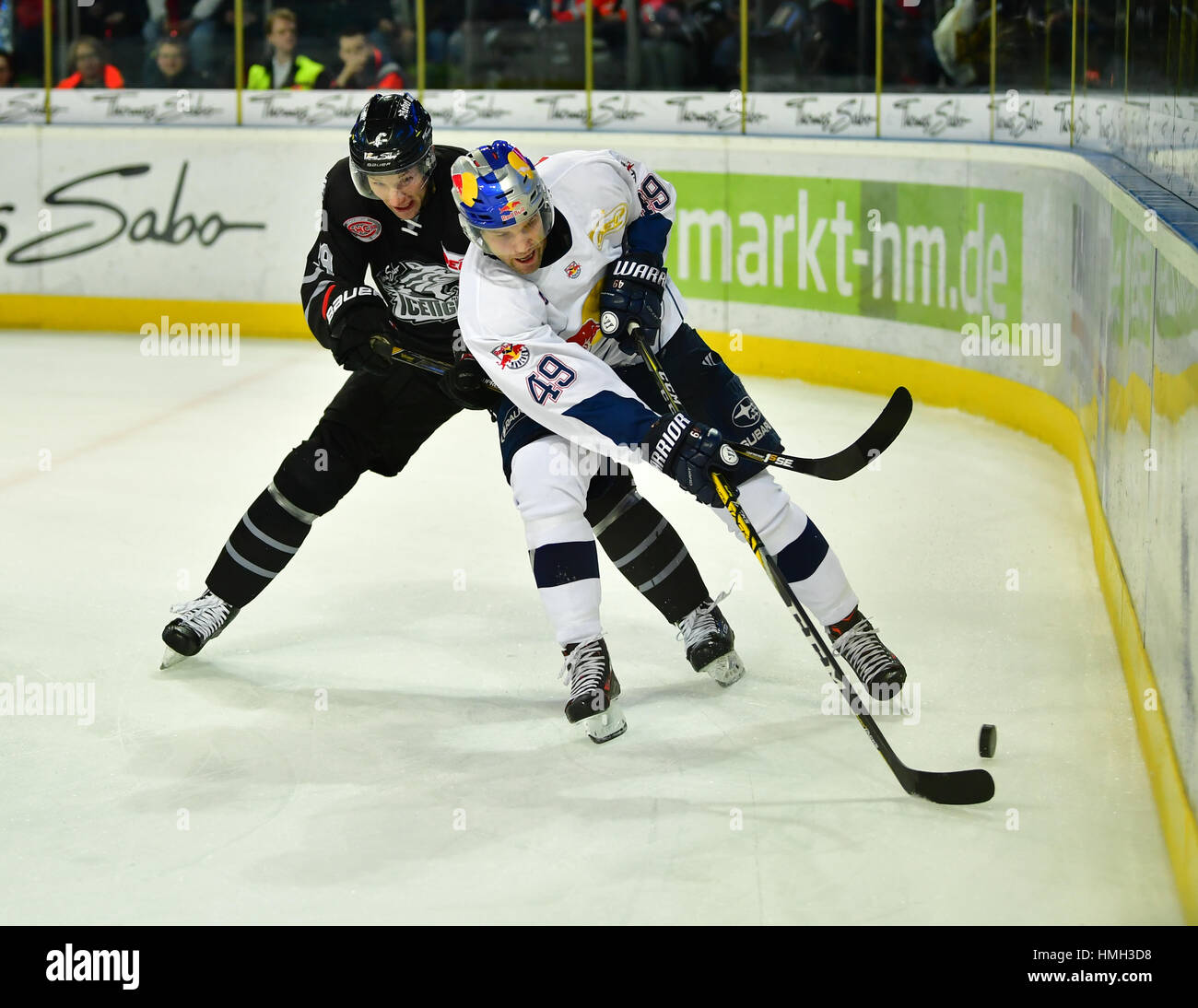 Nuremberg, Allemagne. 3, 2017. Le David Steckel (l) et Munich's Richie Regehr en action pendant la DEL match de hockey sur glace entre les Ice Tigers de Nuremberg et l'EHC Munich à l'Arène Versicherung Nuernberger à Nuremberg, Allemagne, 3 février 2017. Photo : Matthias Merz/dpa/Alamy Live News Banque D'Images