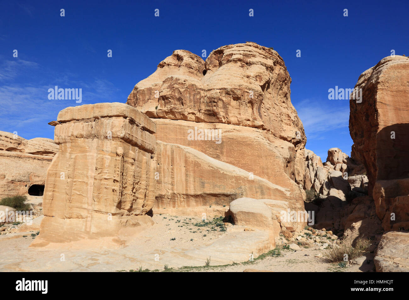 Tombe de bloc, abandonné cité de Pétra, al-Batra, capitale du royaume des Nabatéens, Jordanie, Site du patrimoine mondial de l'UNESCO Banque D'Images