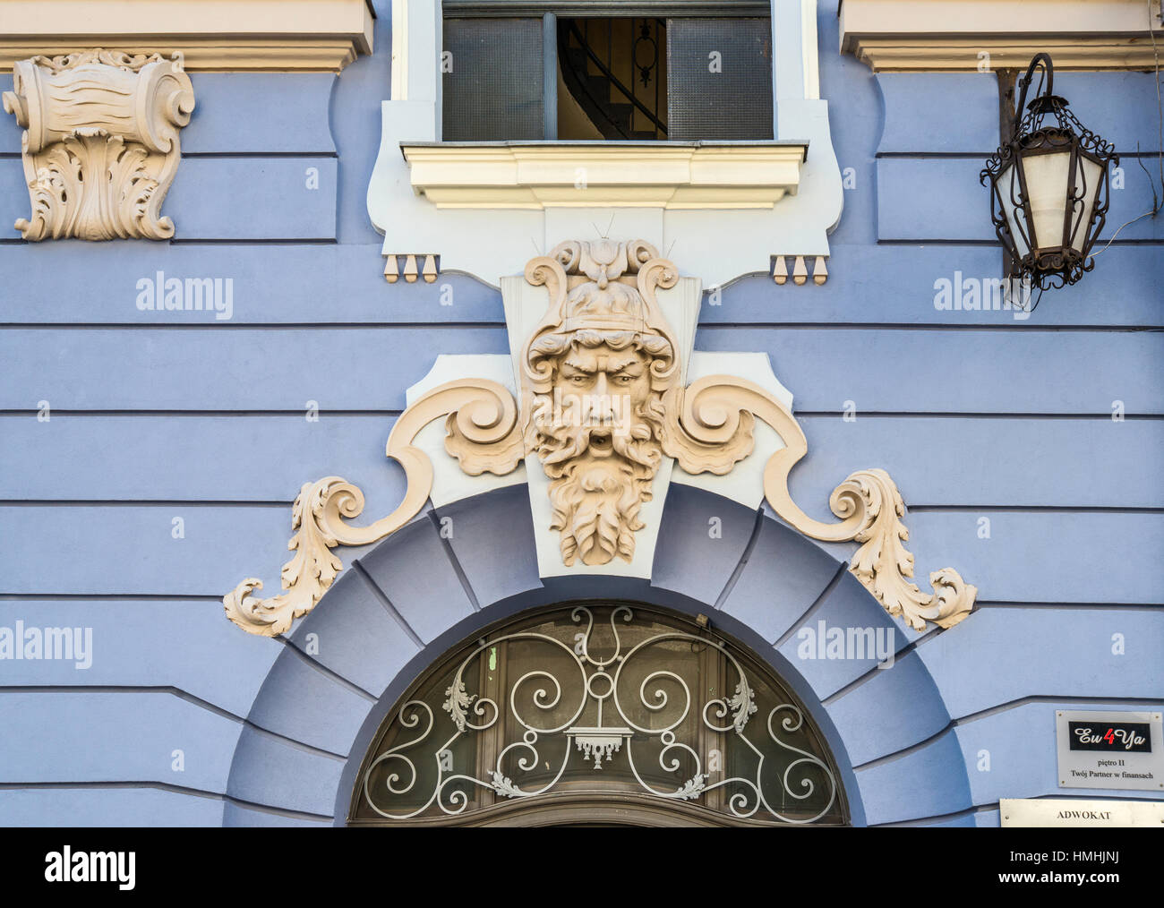 Détail de l'immeuble à rue Podcienie, dans la vieille ville de Bielsko-Biala, Silésie, Pologne Banque D'Images