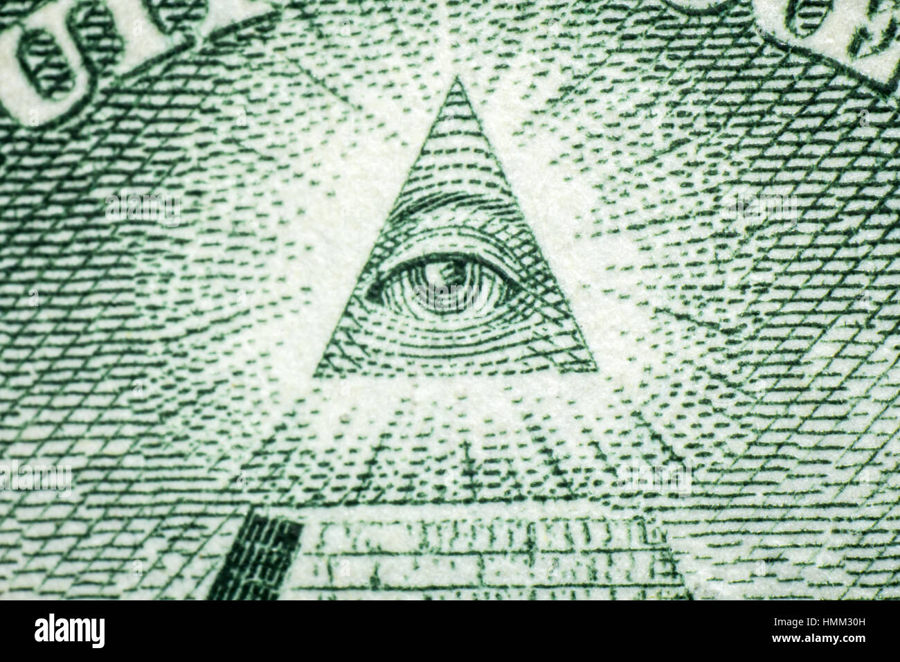 Gros plan macro sur pyramide oeil retour de dollar bill Banque D'Images