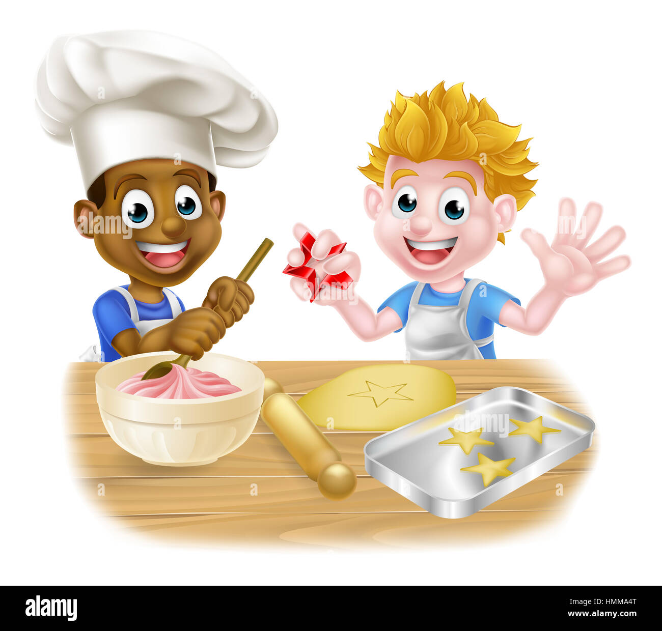 Caricature les garçons, l'un noir un blanc, habillés comme des chefs ou la  cuisson au four de boulangerie ou de gâteaux et biscuits Photo Stock - Alamy