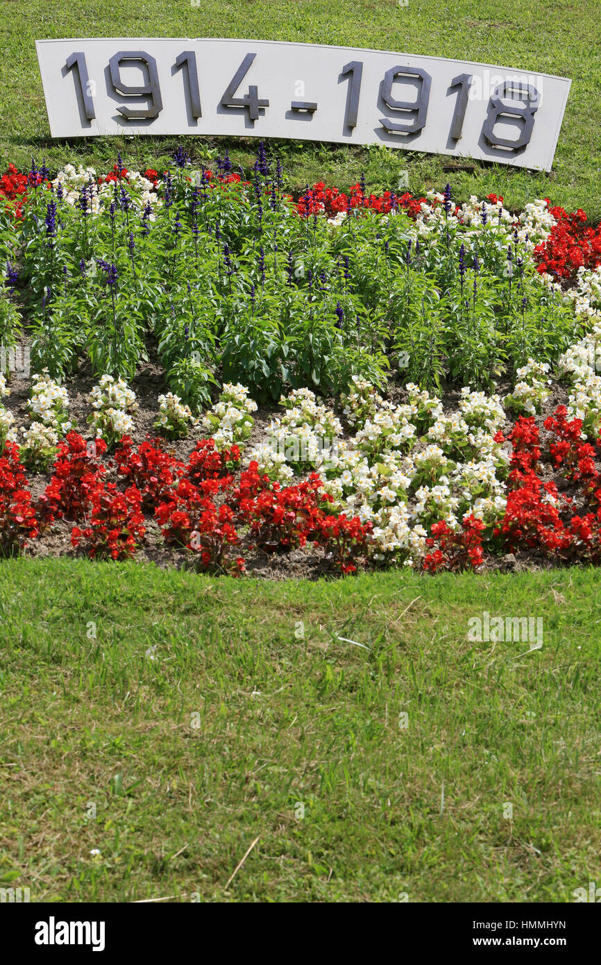 Massif de fleurs. Le Mémorial des batailles de la Marne. 1914-1918. Dormans. La France. Banque D'Images