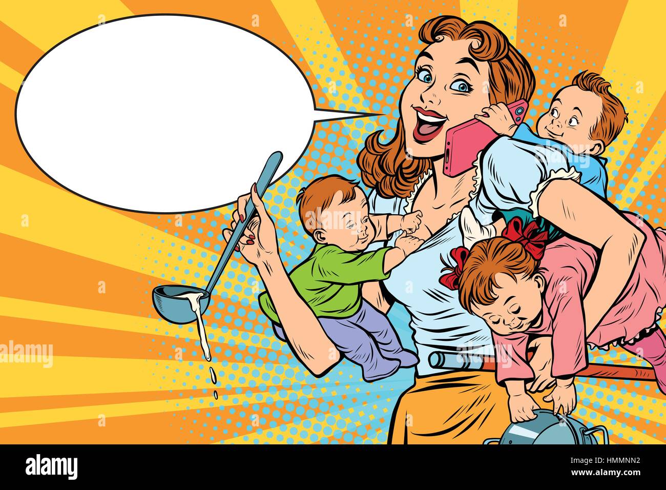 Cheerful mère avec trois enfants travailler Illustration de Vecteur