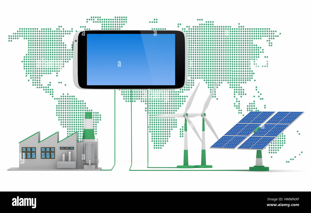 Écosympa concept. Usine verte, éolienne et panneau solaire connecté au smartphone dans l'avant de l'arrière-plan du monde. Banque D'Images