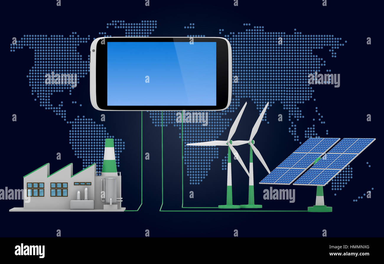 Écosympa concept. Usine verte, éolienne et panneau solaire connecté au smartphone iin'avant de l'arrière-plan du monde. Banque D'Images
