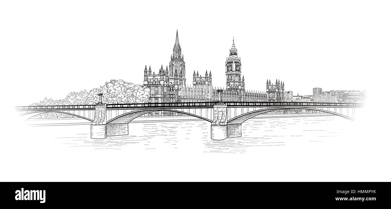 Paysage urbain de Londres. Célèbre place Westminster Palace vue sur la ville. Hand drawn vector gravé dans le paysage urbain de style rétro Illustration de Vecteur