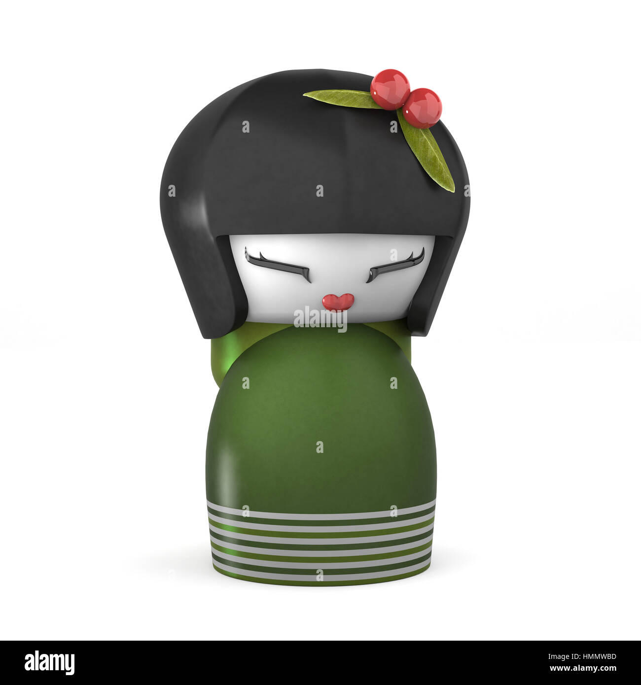 Poupée Kokeshi japonais 3D isolé sur blanc - des personnages féminins Banque D'Images
