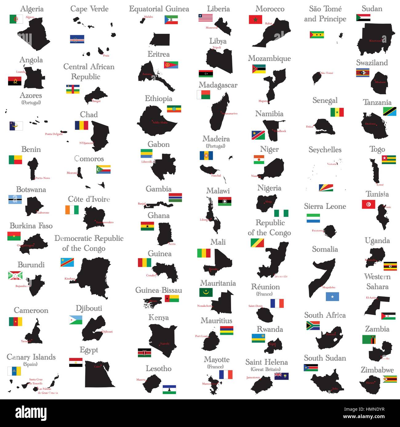 Pays d'Afrique avec des bordures, drapeaux et capitales Illustration de Vecteur
