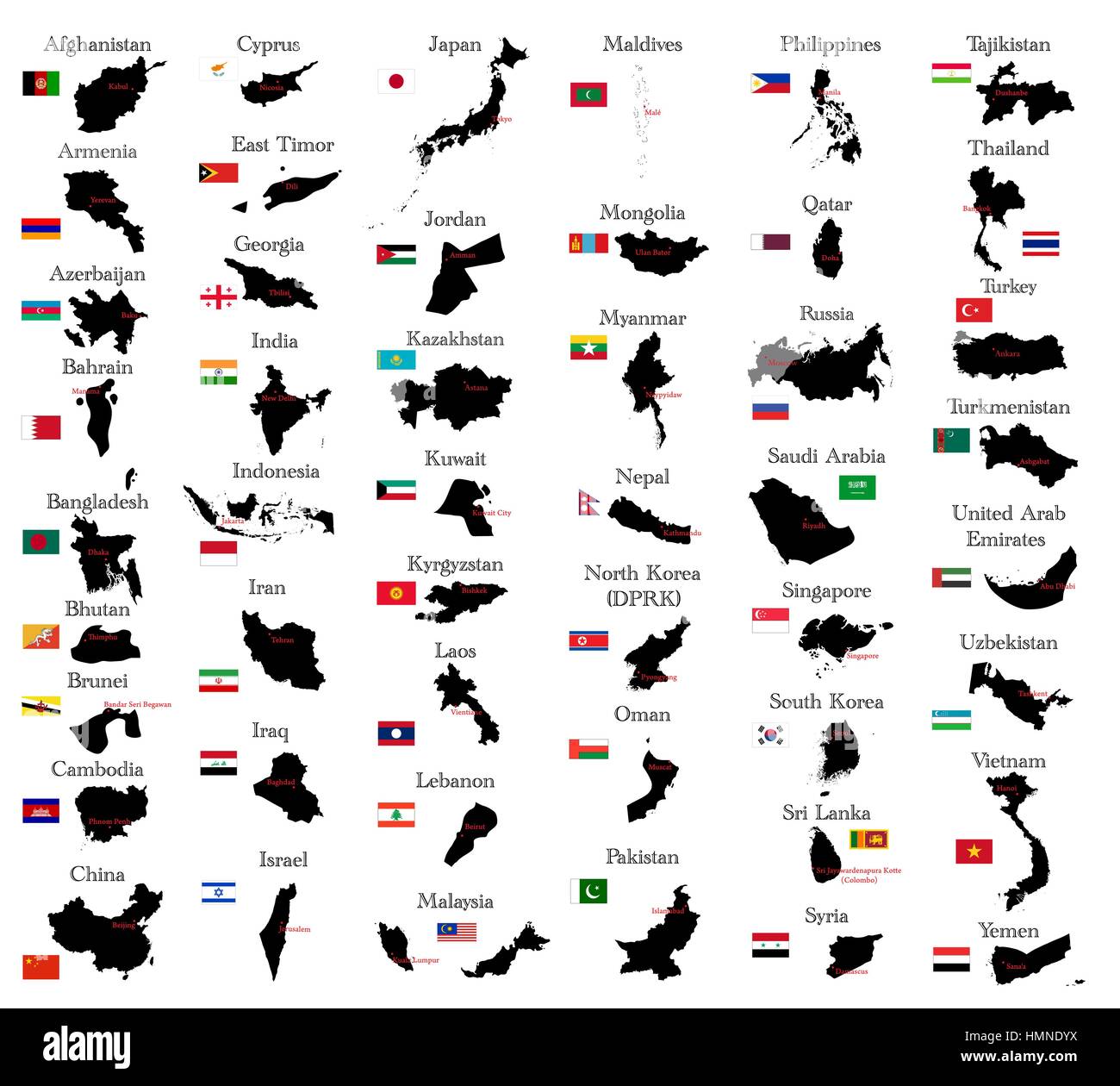 Pays d'Asie avec des bordures, drapeaux et capitales Illustration de Vecteur