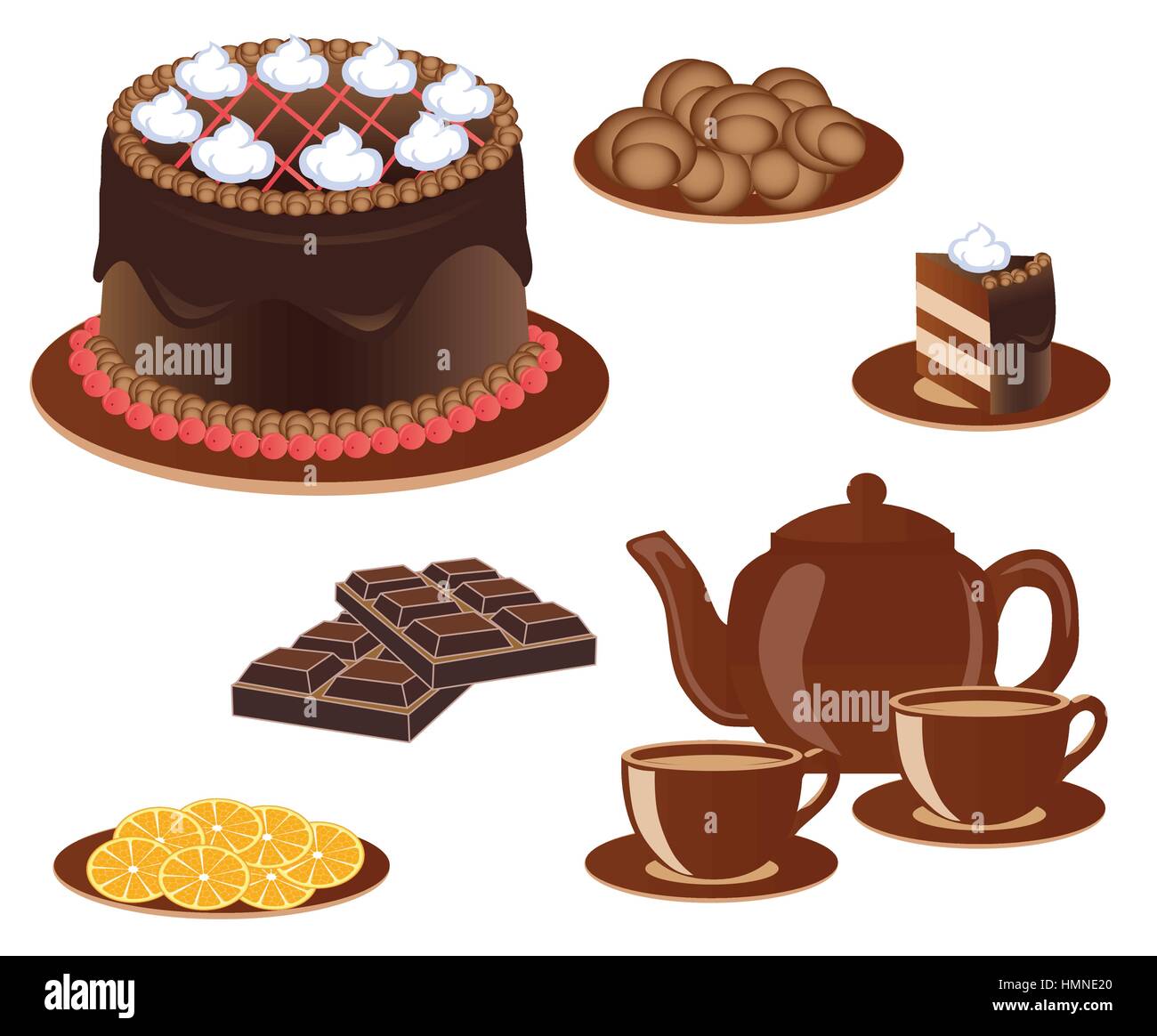 Produits pour le thé - cake, chocolat, biscuits, citron Illustration de Vecteur