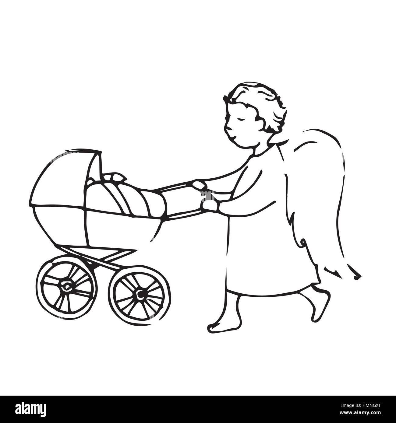 Ange Avec Un Chariot De Bebe Mignon Petit Homme Croquis Dessin A La Main Des Graphiques Vectoriels De Contour L Illustration Pour La Coloration La Naissance D Enfants Image Vectorielle Stock Alamy
