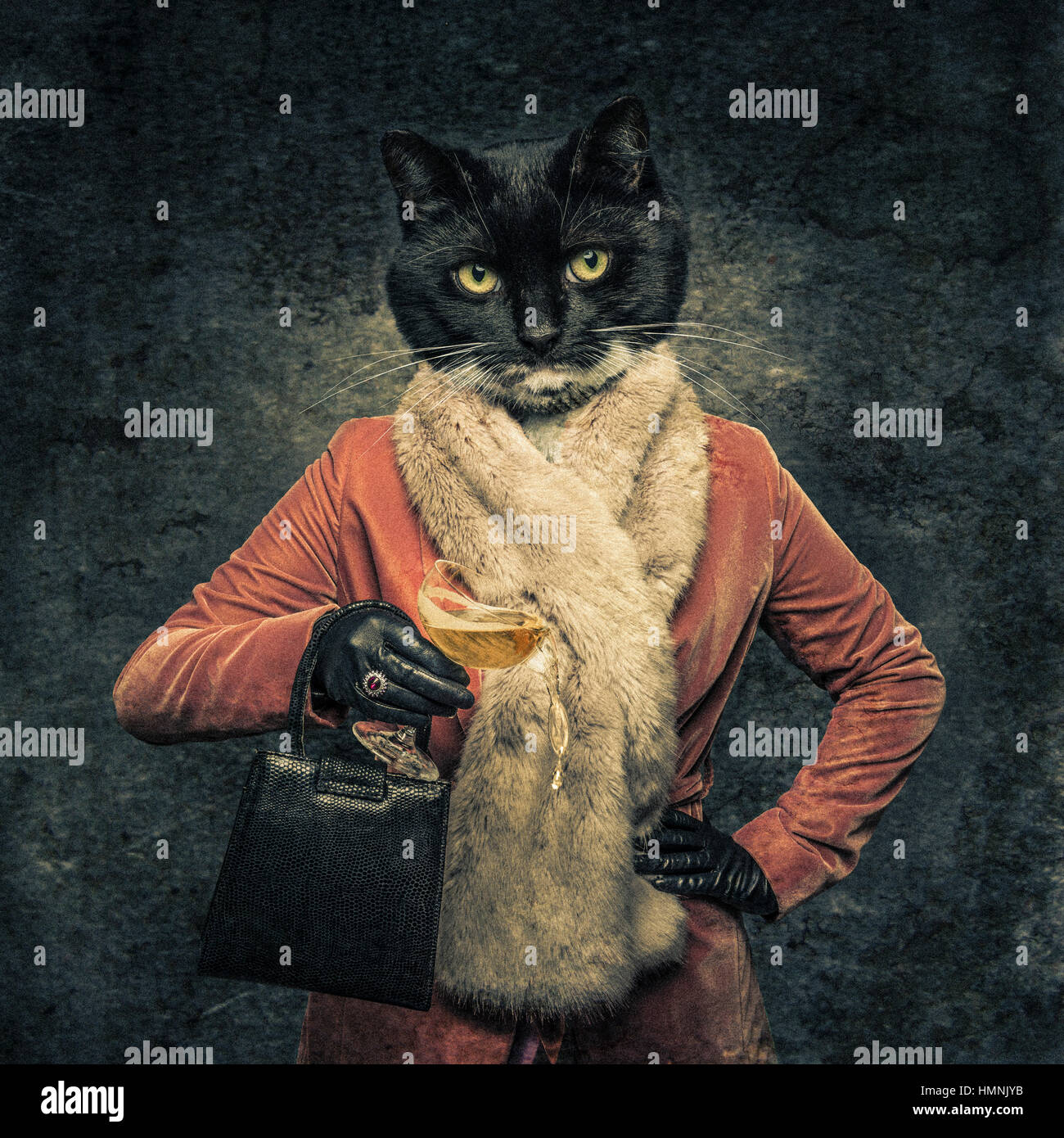 Corps humain avec tête de chat créature hybride tenant un verre et de sacs à main Banque D'Images