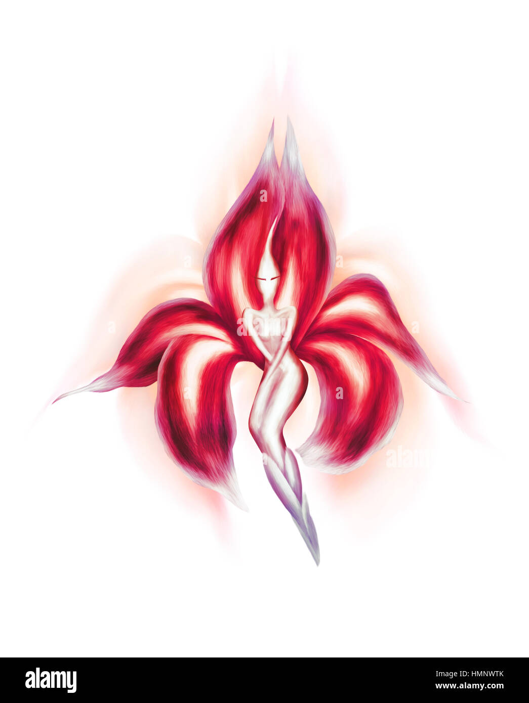 Résumé artistique illustration d'une belle dame danse rouge exotique fleur fée isolé sur fond blanc Banque D'Images