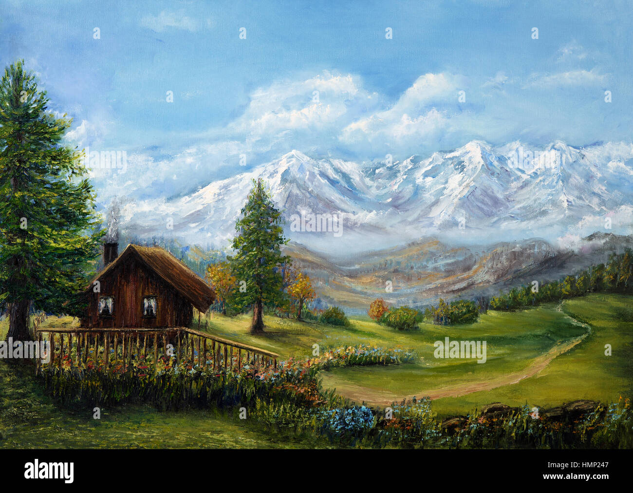 Peinture à l'huile d'origine de la maison ou chalet en montagne sur toile.paysage de montagne.impressionnisme moderne Banque D'Images