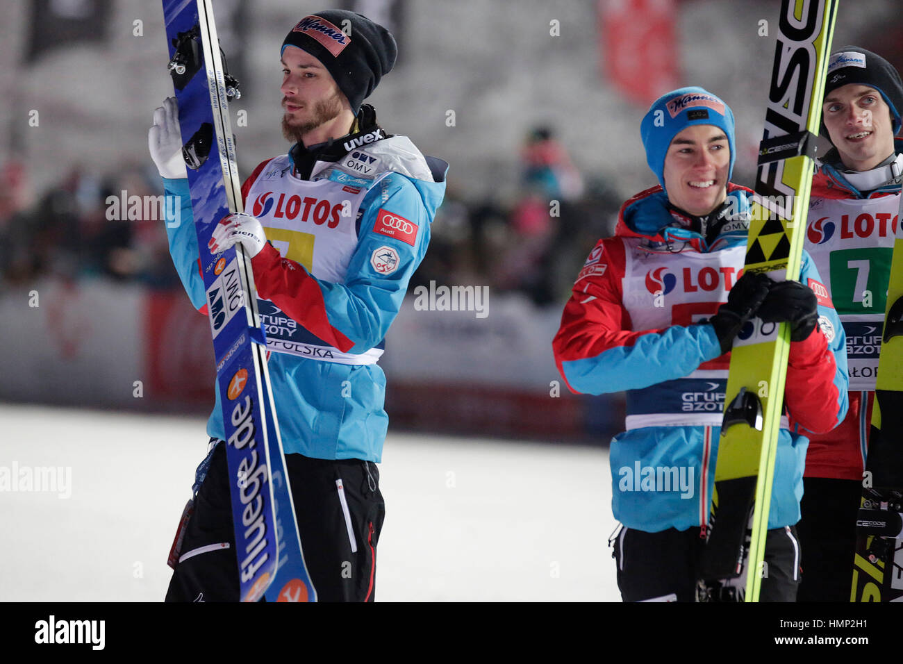 ZAKOPANE, POLOGNE - Le 23 janvier 2016 : FIS Coupe du monde de saut à ski à Zakopane o/p Manuel Fettner Kraft Stefan AUT AUT Manuel Poppinger AUT Banque D'Images