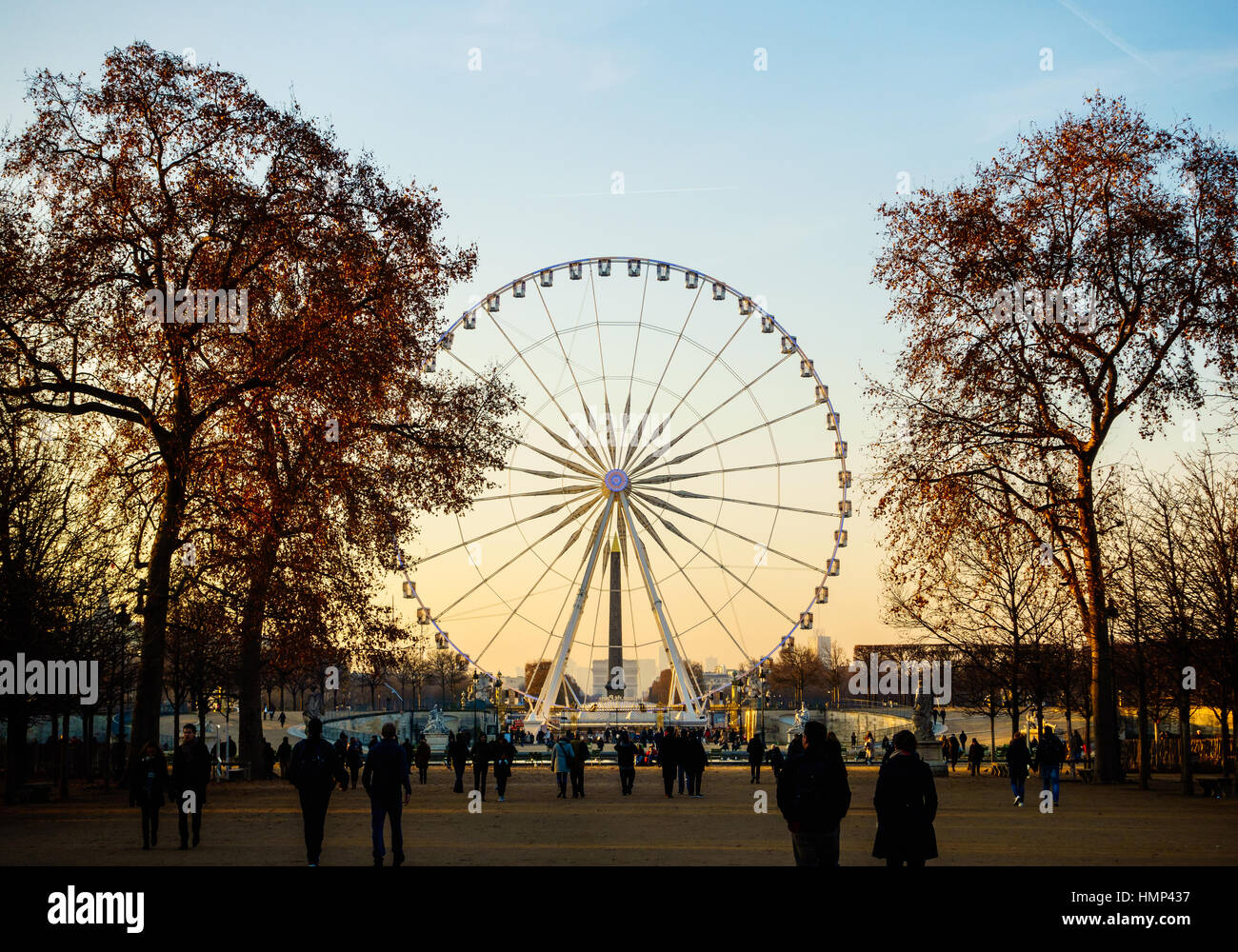 PARIS, FRANCE - CIRCA DÉCEMBRE 2016 : La Grande Roue sur la place de la Concorde comme vu du Jardin des Tuileries. Banque D'Images