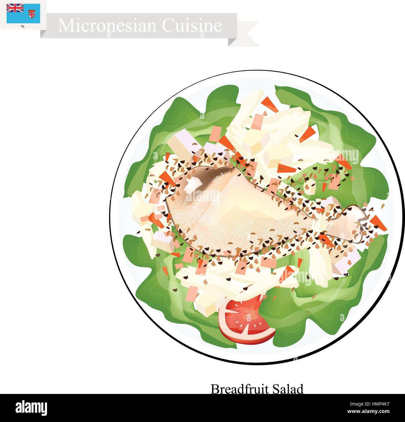 La cuisine de la Micronésie, Illustration de l'arbre à pain avec du poulet salade Salade de pommes de terre traditionnelles semblables aux faits de l'arbre à pain, les oeufs et les hacher les oignons Saison Illustration de Vecteur