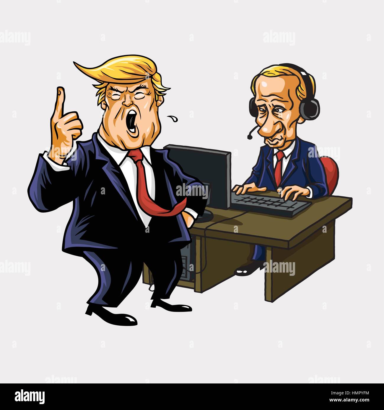 Donald Trump et Vladimir Poutine devant son ordinateur. Vector Cartoon Portrait Illustration de Vecteur