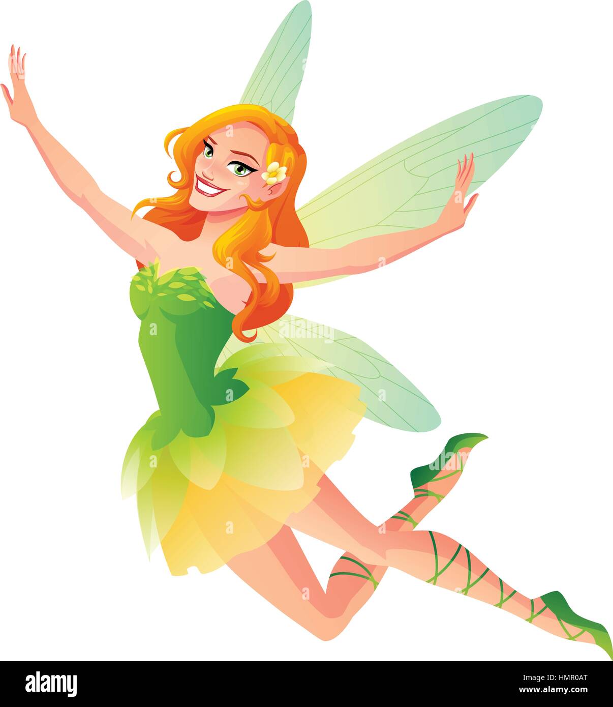 Cute Vector floral volant avec des ailes de fée en robe verte. Illustration de Vecteur