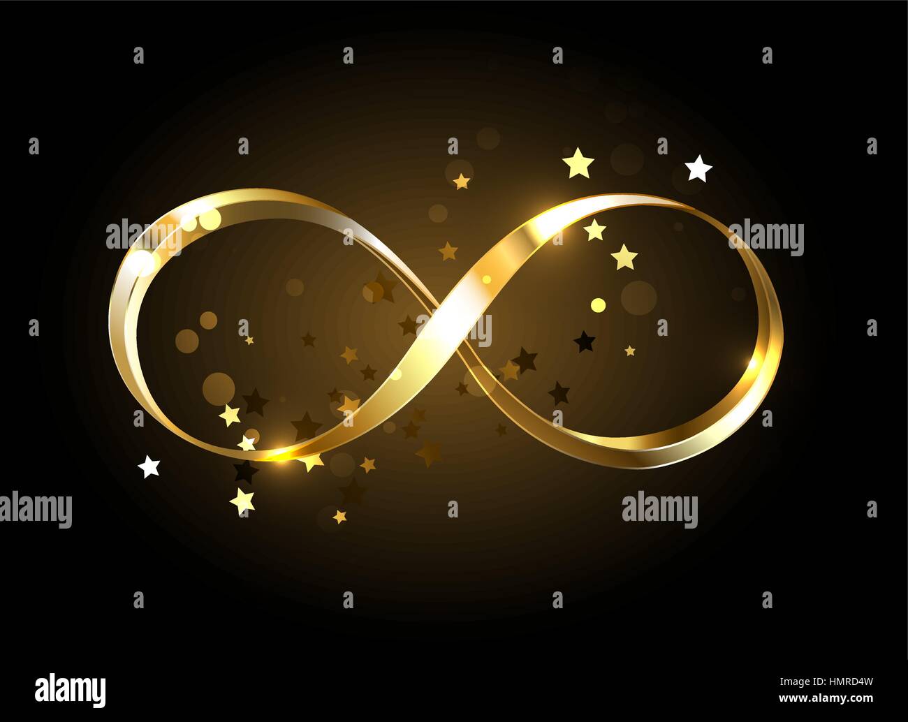Or, les bijoux symbole de l'infini avec étoiles d'or sur fond noir. Conception avec étoile d'or. Illustration de Vecteur