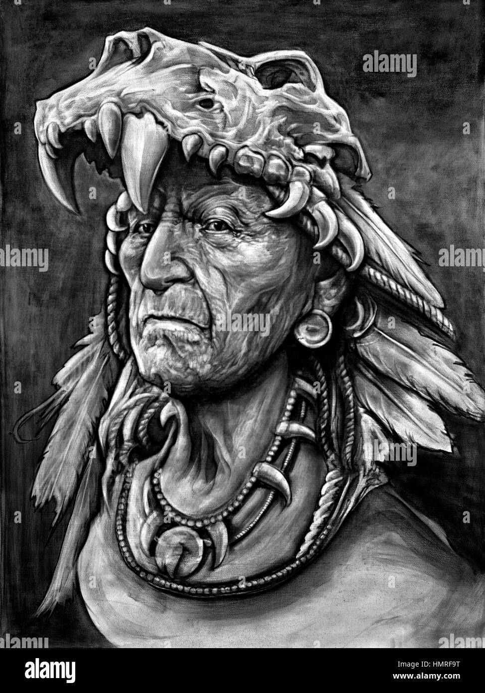 Peinture en chef amérindienne. Photographie en noir et blanc Banque D'Images