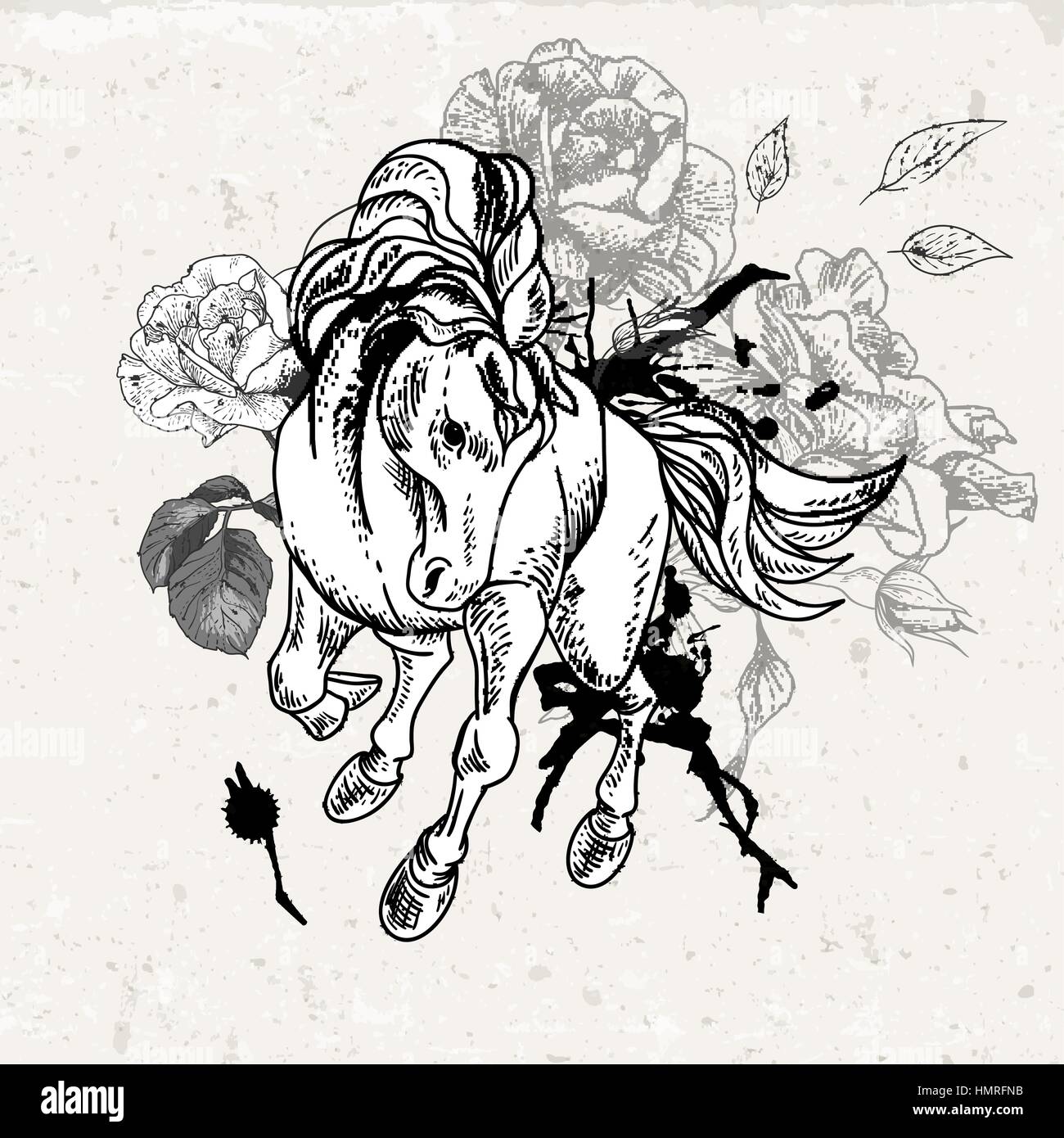 Noir et blanc à la main dessin de cheval avec des fleurs. Vector vintage design elements, contour dessin illustration Illustration de Vecteur