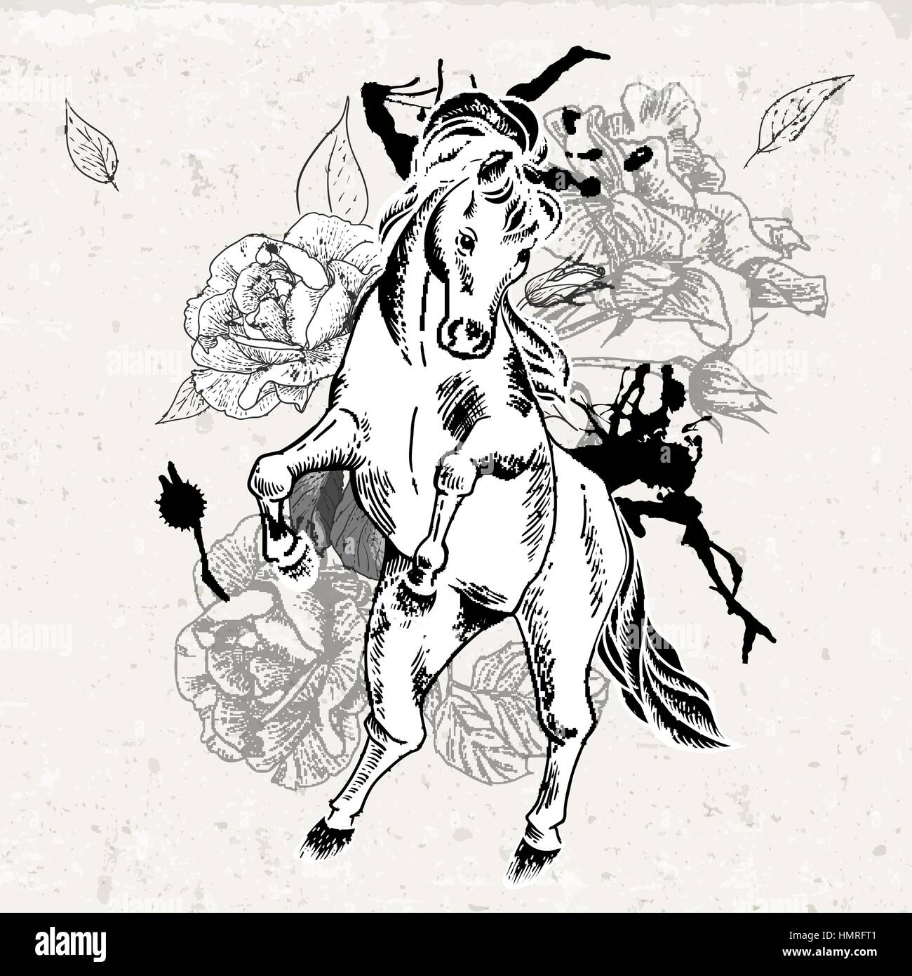 Noir et blanc à la main dessin de cheval avec des fleurs. Vector vintage design elements, contour dessin illustration Illustration de Vecteur