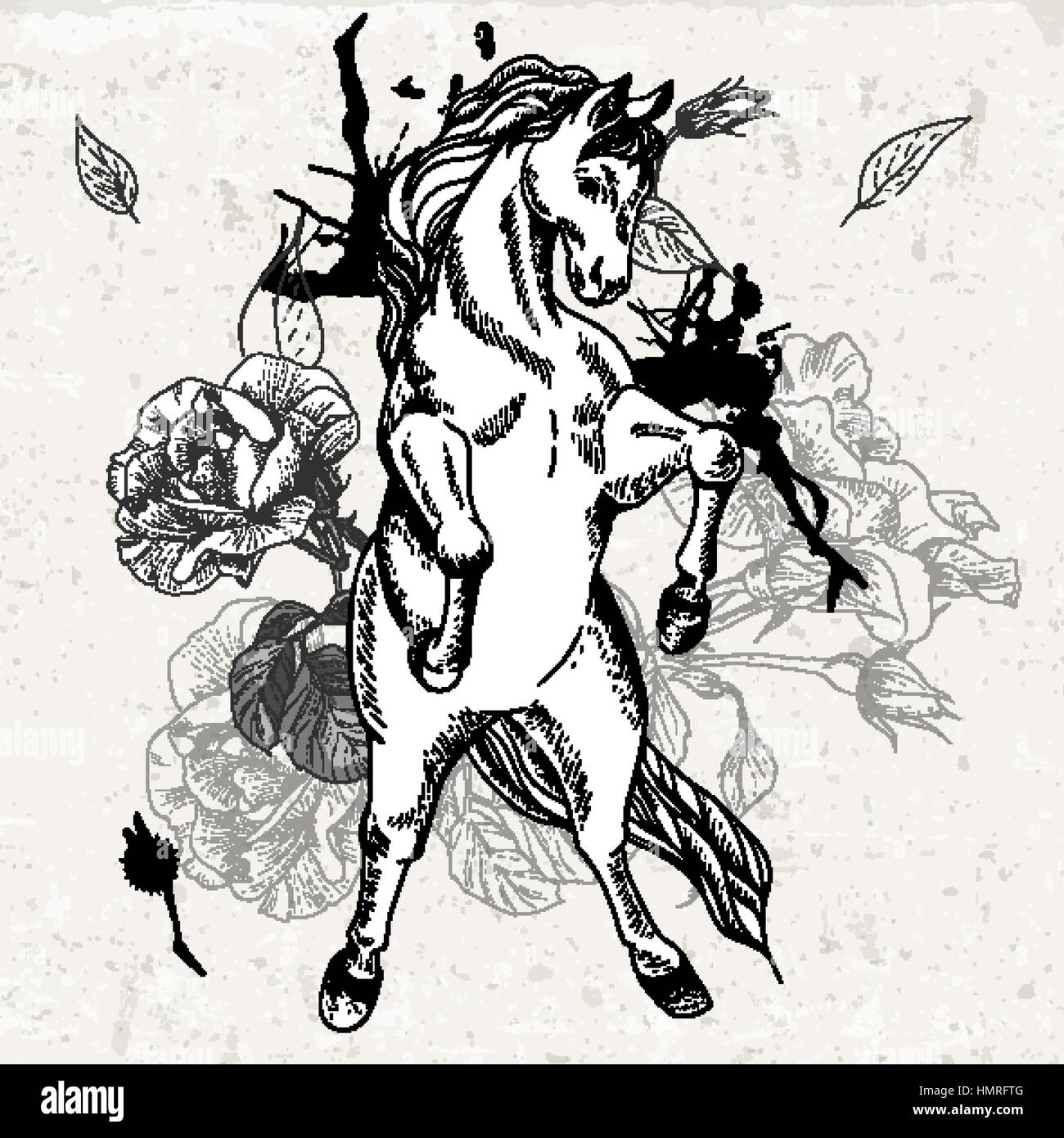 Noir et blanc à la main dessin de cheval avec des fleurs. Vector vintage design elements, contour dessin illustration Illustration de Vecteur