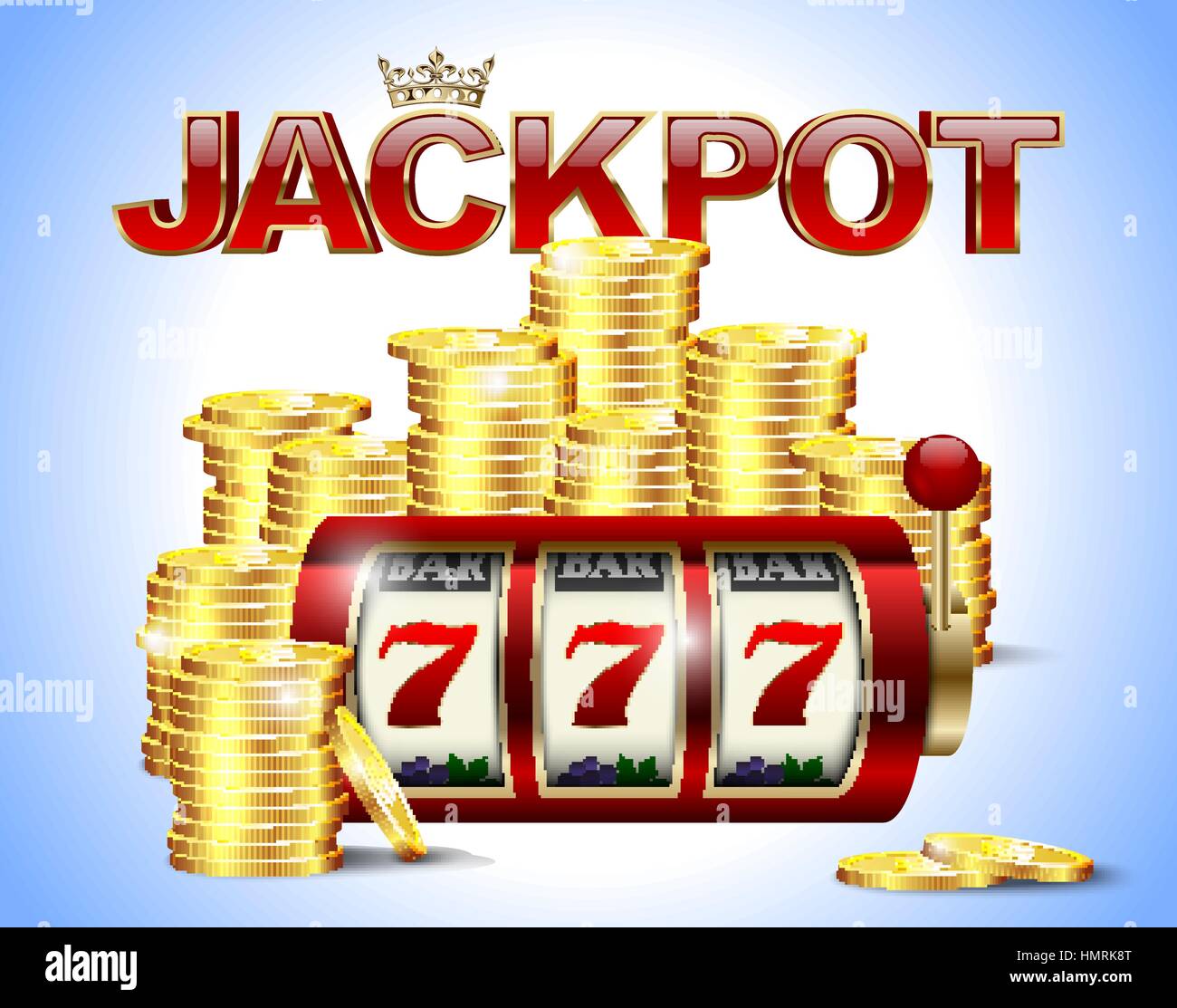 Machine à sous avec la chance et sept pièces d'or et rouge clair brillant texte jackpot avec couronne sur fond bleu Illustration de Vecteur