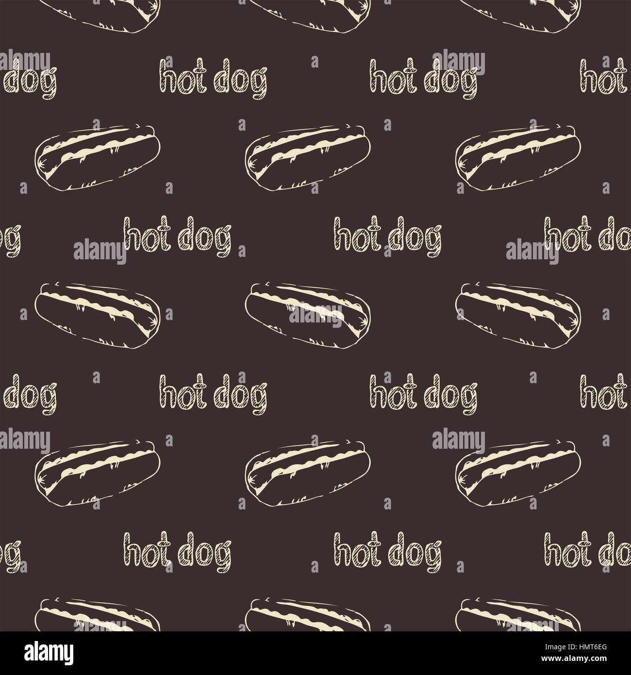 Des hot-dogs à la main motif transparent. La texture de la restauration rapide. Sketchy fond continu de hot-dogs à la moutarde, mayonnaise et légumes. Vecteur EPS8 Illustration de Vecteur
