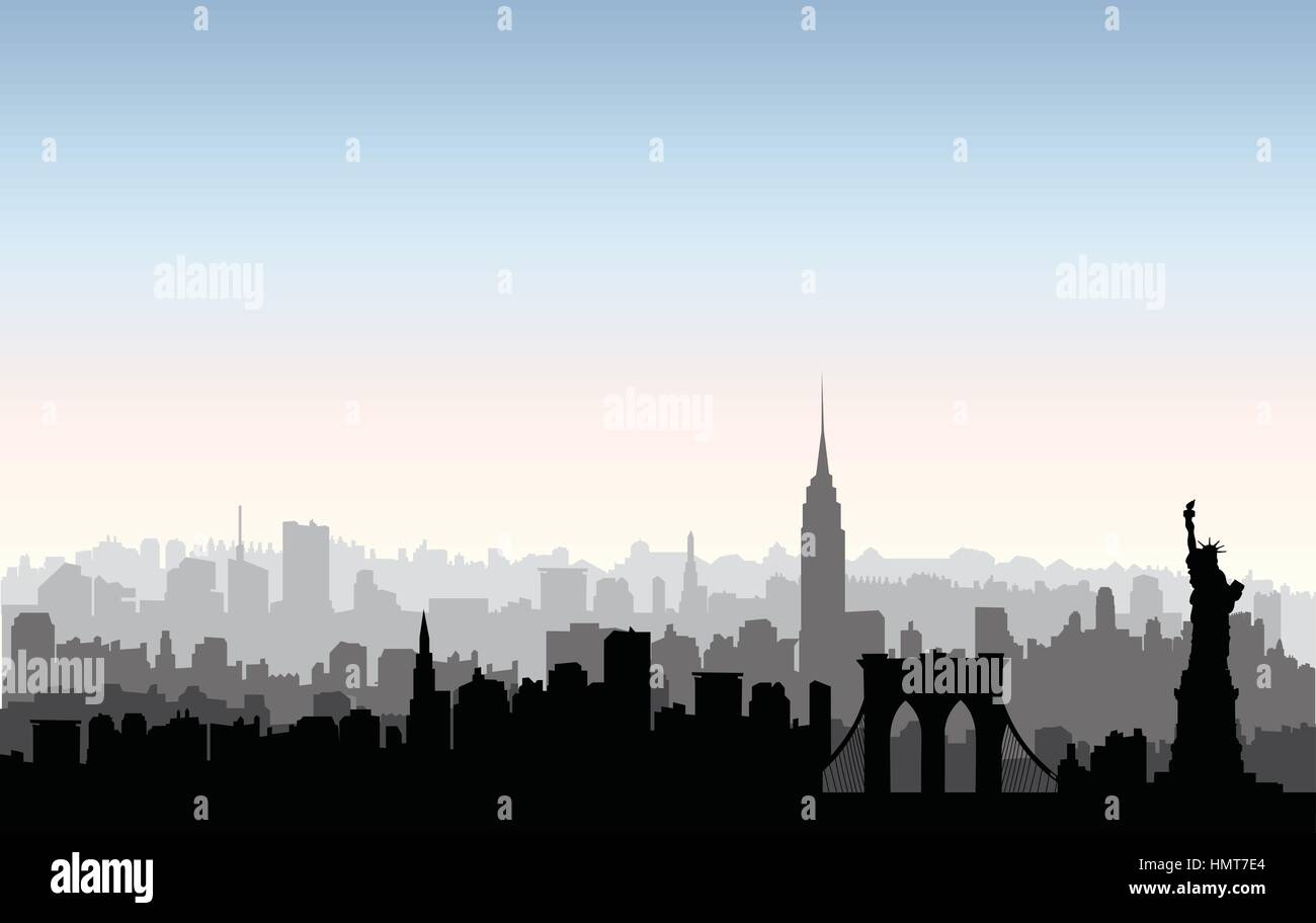 New York, États-Unis d'horizon. nyc silhouette ville avec liberté monument. american landmarks. paysage architectural urbain paysage urbain avec des bâtiments célèbres. Illustration de Vecteur