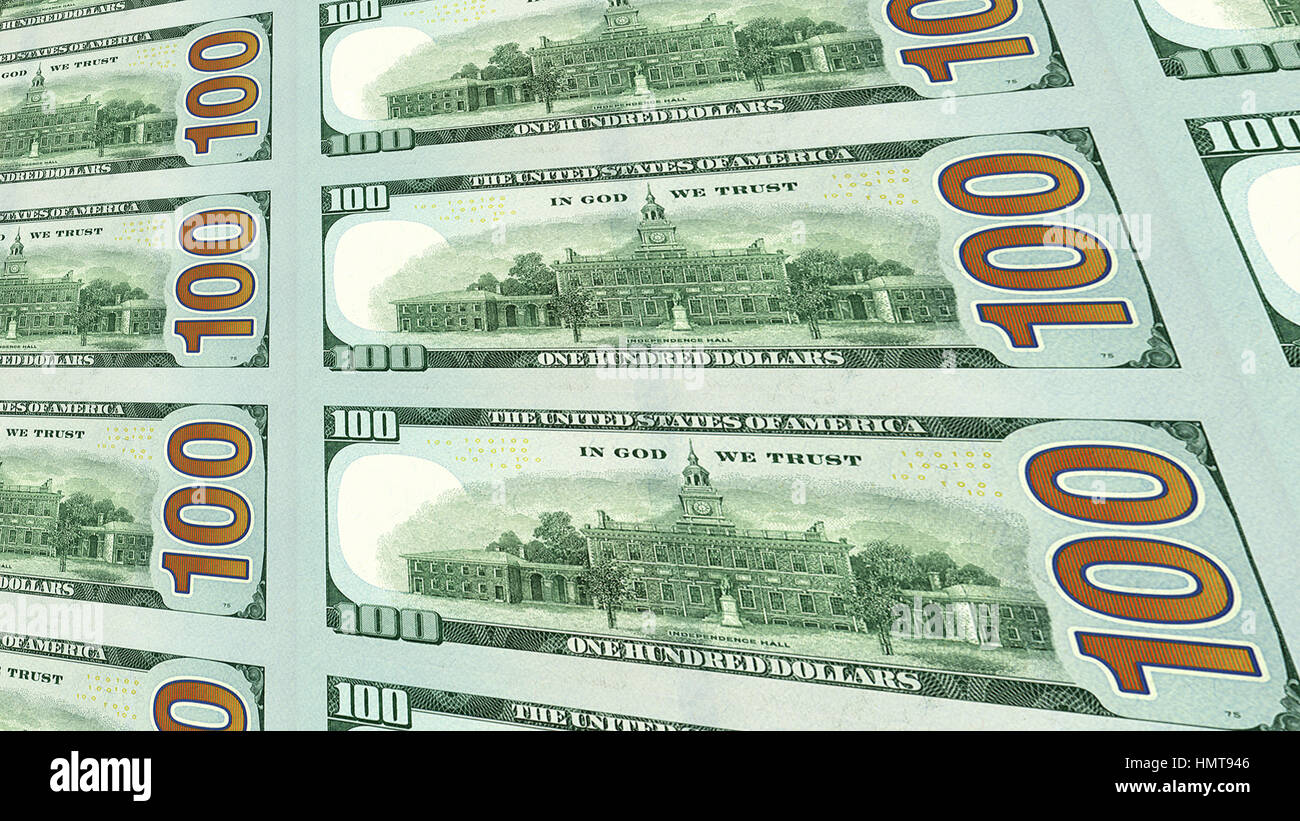 Face arrière de nouveau une centaine de 100 dollar bills déménagement loin de la distance de vue 3D View Banque D'Images