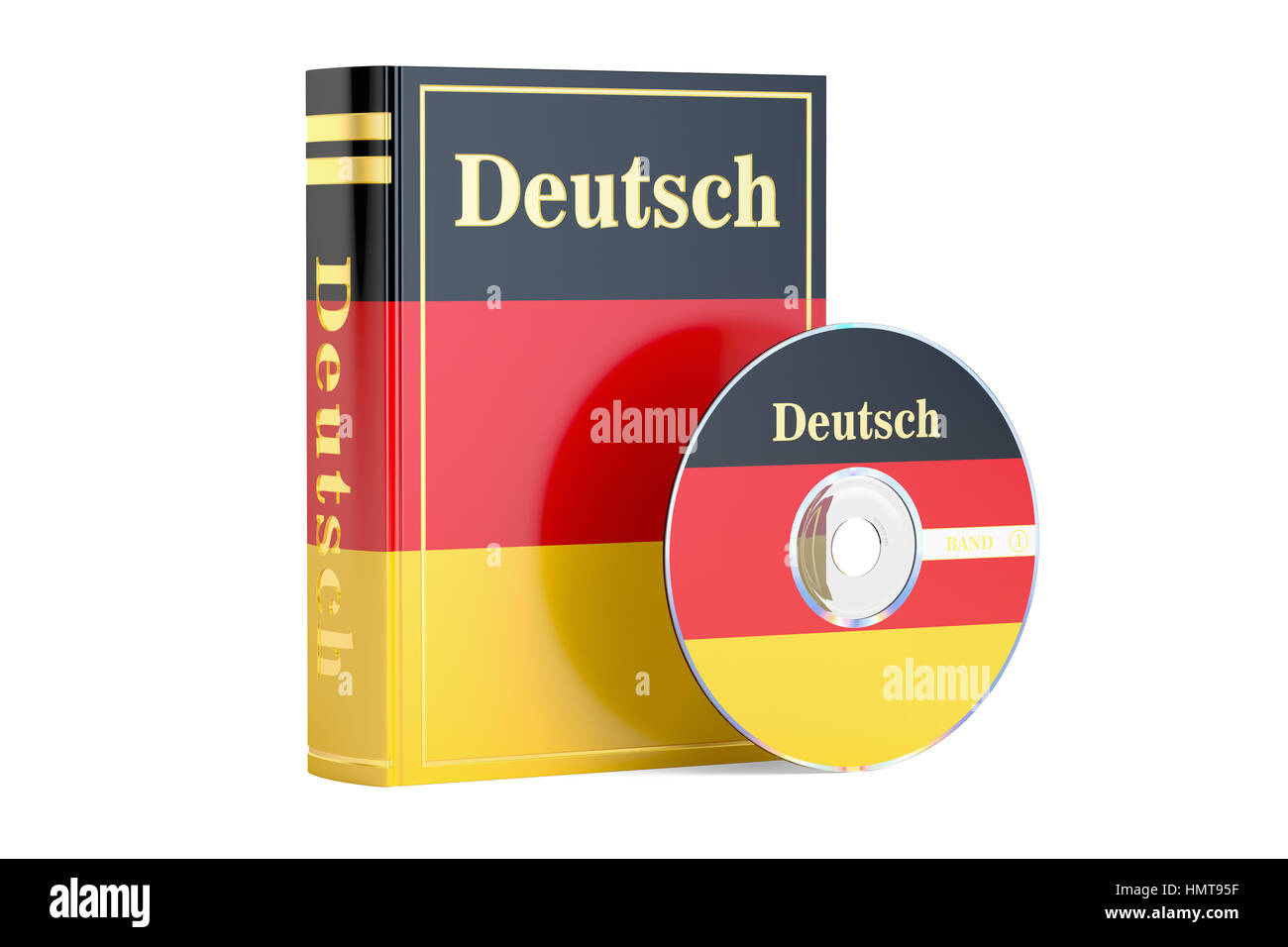 Livre allemand avec pavillon de l'Allemagne et le disque CD, rendu 3D isolé sur fond blanc Banque D'Images