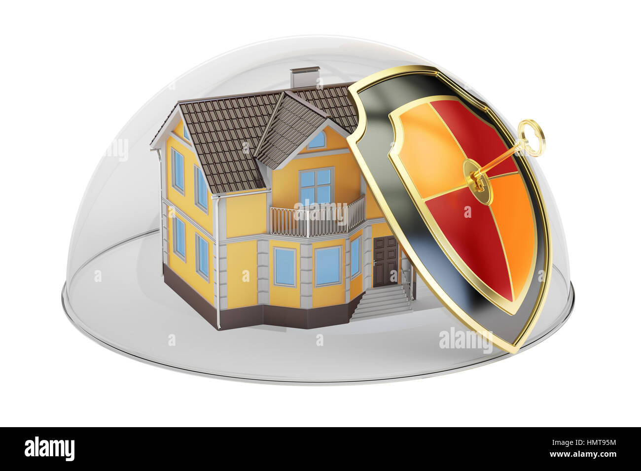Accueil sécurité et protection concept, maison couverte en dôme de verre.  Le rendu 3D Photo Stock - Alamy