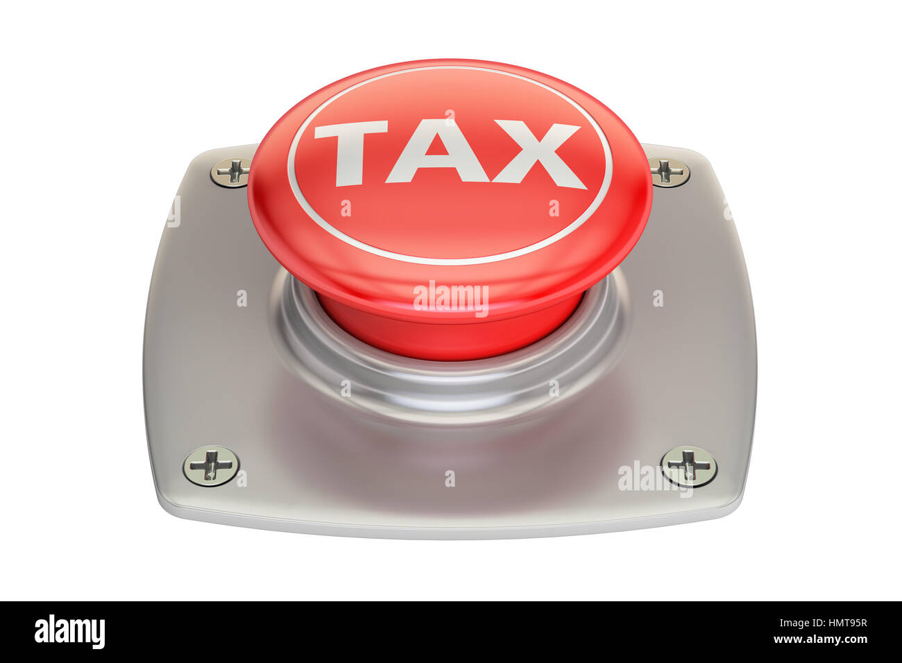 Impôt sur le bouton rouge, rendu 3D isolé sur fond blanc Banque D'Images