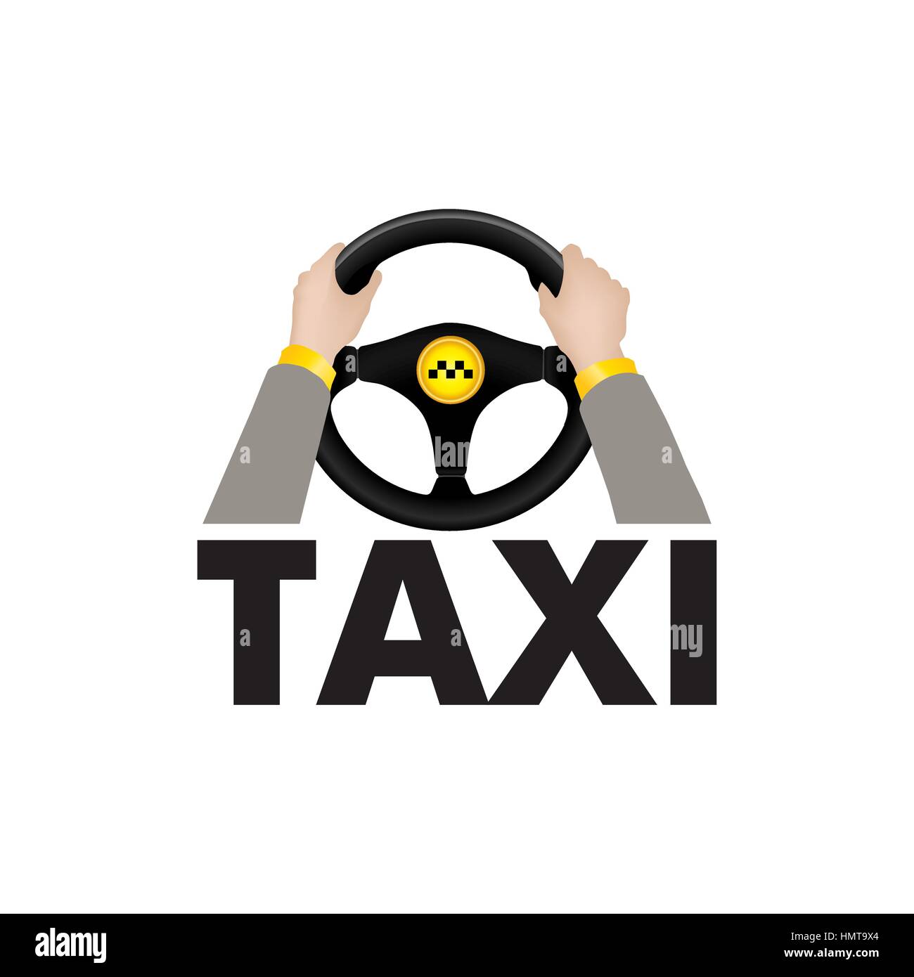 Chauffeur de taxi mains tenant le volant avec lettrage taxi. ville en voiture de service de transport ou le logo de chanter Illustration de Vecteur