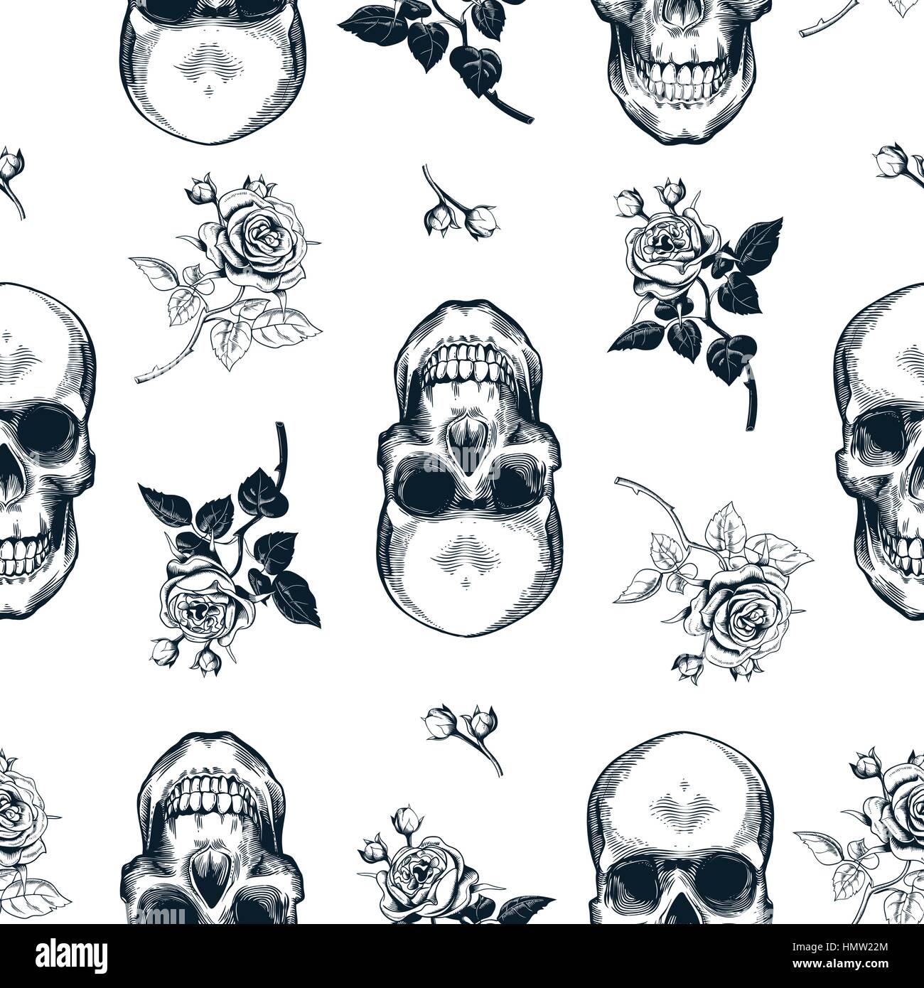 Grunge modèle transparent monochrome avec des crânes humains dans le style gravure sur bois en noir et blanc et roses sauvages sur l'arrière-plan. Vector illustration pour papier peint, impression textile, papier d'emballage Illustration de Vecteur