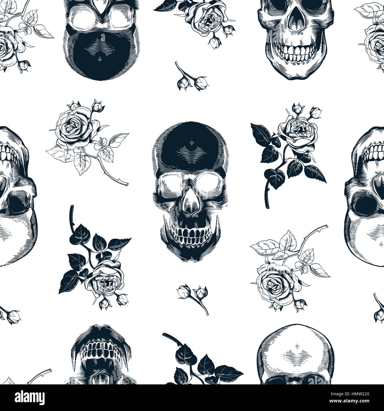 Grunge modèle transparent monochrome avec des crânes humains dans le style gravure sur bois en noir et blanc et roses sauvages sur l'arrière-plan. Vector illustration pour papier peint, impression textile, papier d'emballage Illustration de Vecteur