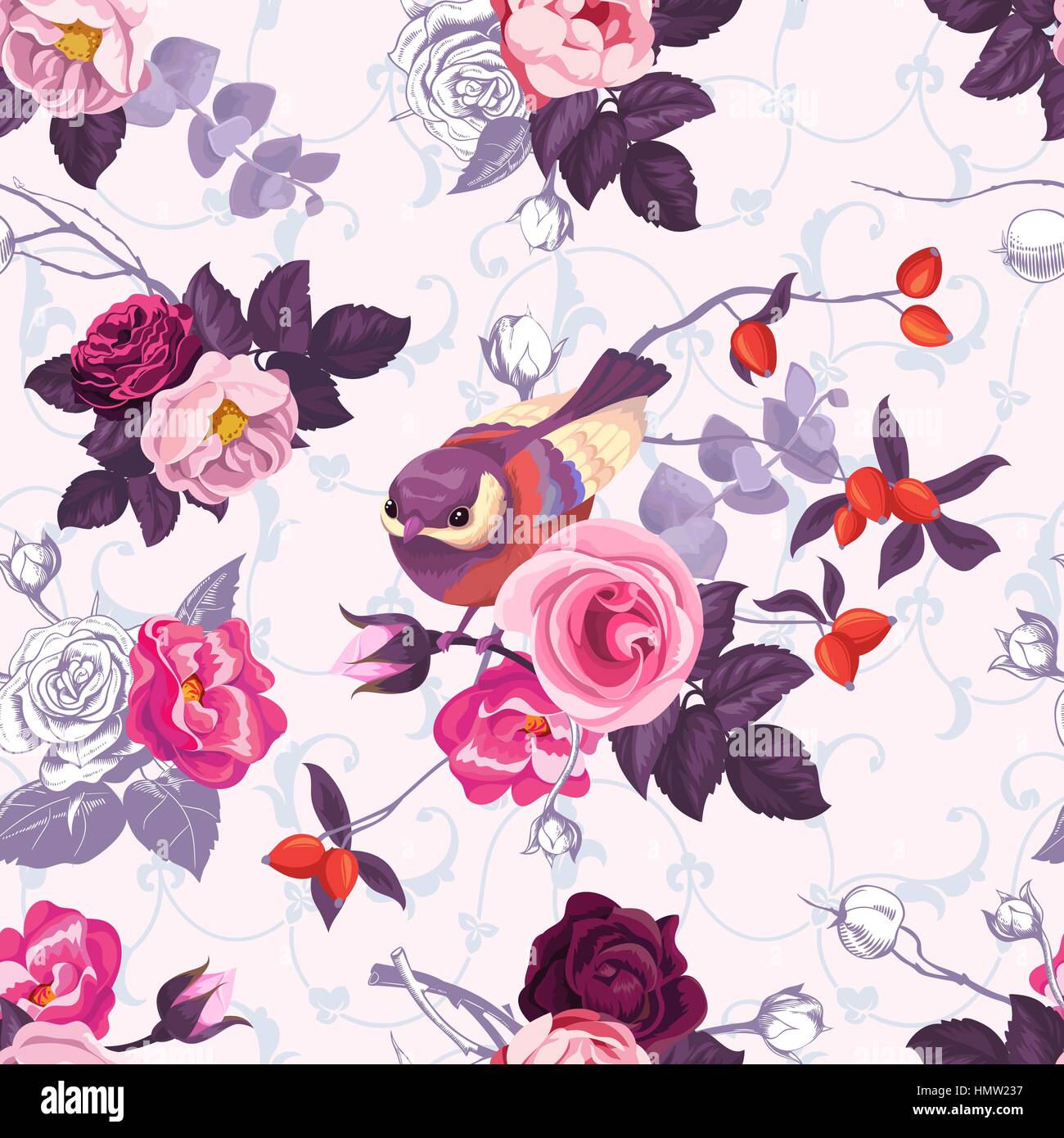 Modèle transparent avec des bouquets de roses colorées et mignon petit oiseau sur l'arrière-plan. Vector illustration dans un style rétro pour papier peint, impression textile, papier d'emballage Illustration de Vecteur