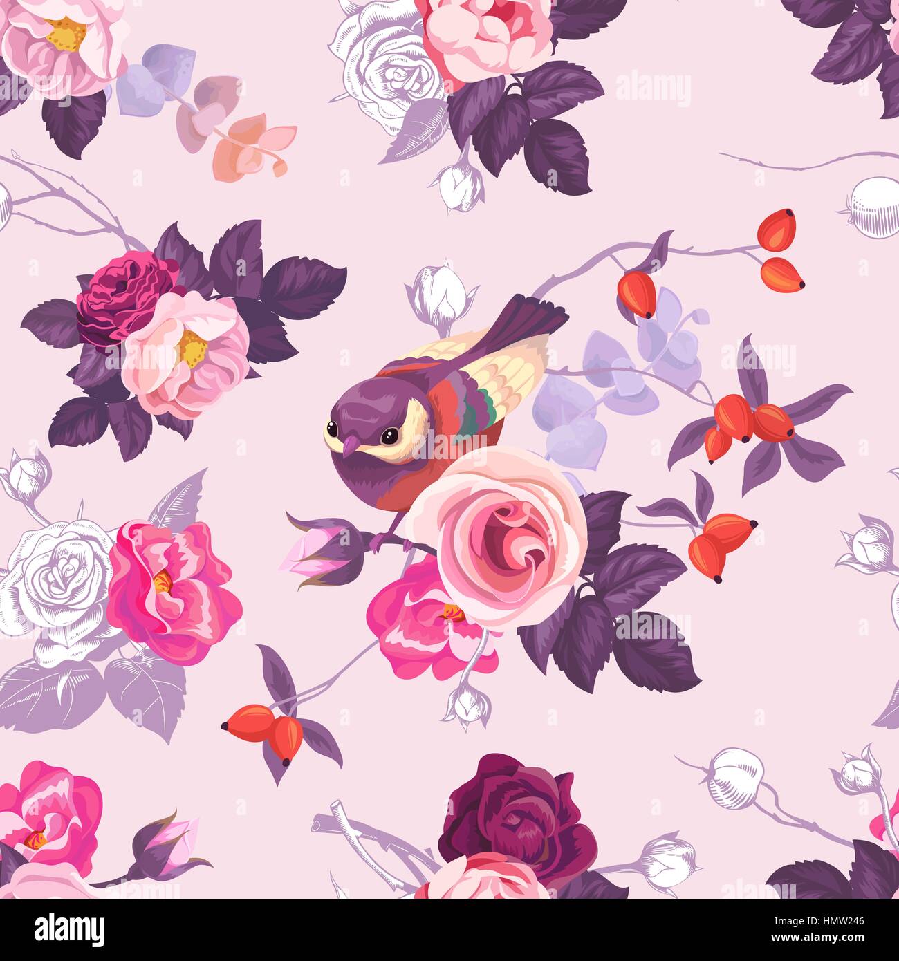 Transparente avec motif floral avec monochrome et couleur roses sauvages et mignon petit oiseau sur l'arrière-plan. Vector illustration dans un style rétro pour papier peint, impression textile, papier d'emballage Illustration de Vecteur